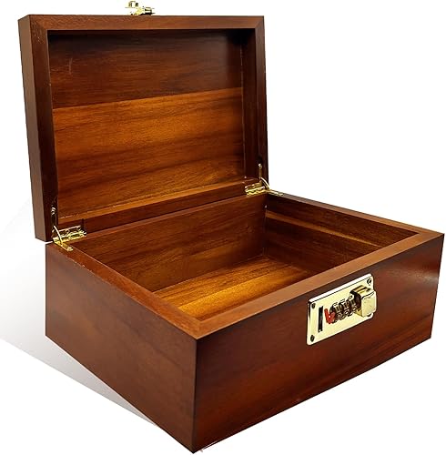 Large Wooden Box with Hinged Lid with Combination Lock,Wood Storage Box Decorative Lockable Chest for Keepsakes, Valuables, Accessories, Treasured