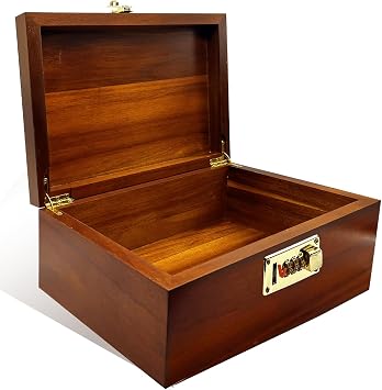 MFLUEEWR Large Wooden Box with Hinged Lid with Combination Lock,Wood Storage Box Decorative Lockable Chest for Keepsakes, Valuables, Accessories, Treasured ItemsCode No Grid