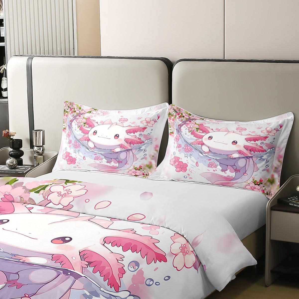 Feelyou Kids Cute Axolotl Bedding Set Sakura Flower Duvet Cover 100% Cotton Twin Size Girls Bedroom Decor Kawaii Ocean Sealife Comforter Cover Set Pink Bedspread Cover with 1 Pillow Case,No Comforter