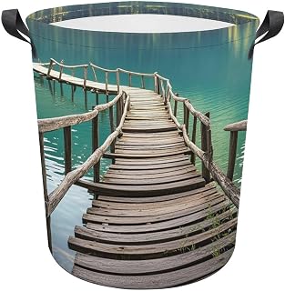 13.8 × 13.8 × 17.3 Inches Collapsible Laundry Baskets Wooden Bridge over The Lake Printed Waterproof Laundry Hamper Foldable Dirty Clothes Storage Bin for Bathroom Bedroom Office