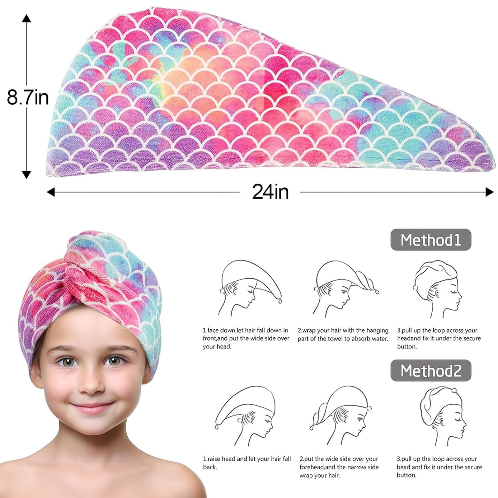 RUKAN Turbante Asciugacapelli, Asciugamano Per Capelli, Asciugamano Capelli Turbante, Asciugamano Microfibra Capelli, Turbante In Microfibra Per Bambini, Stampa A Squame, Asciugatura Rapida