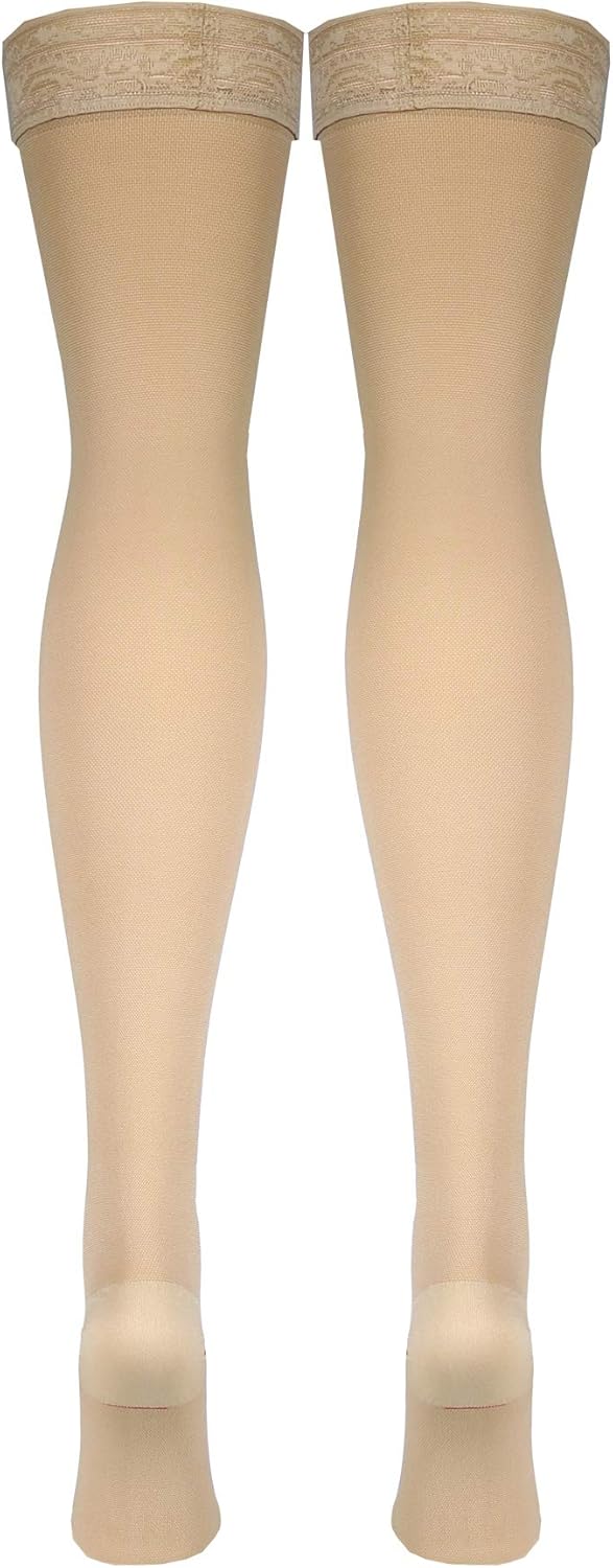 Truform Compression 20-30 mmHg Thigh High Lace Top Stockings Beige, Small, 2 Count