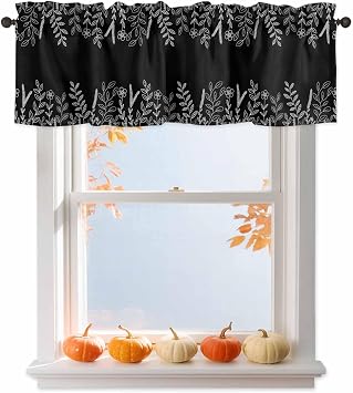Black White Fall Valances Window Treatment Farmhouse Decor, Thanksgiving Eucalyptus Leaves Abstract Art Rod Pocket Valance Curtains for Living Room, Bedroom, Kitchen, 42" W x 18" L - 1 Panel