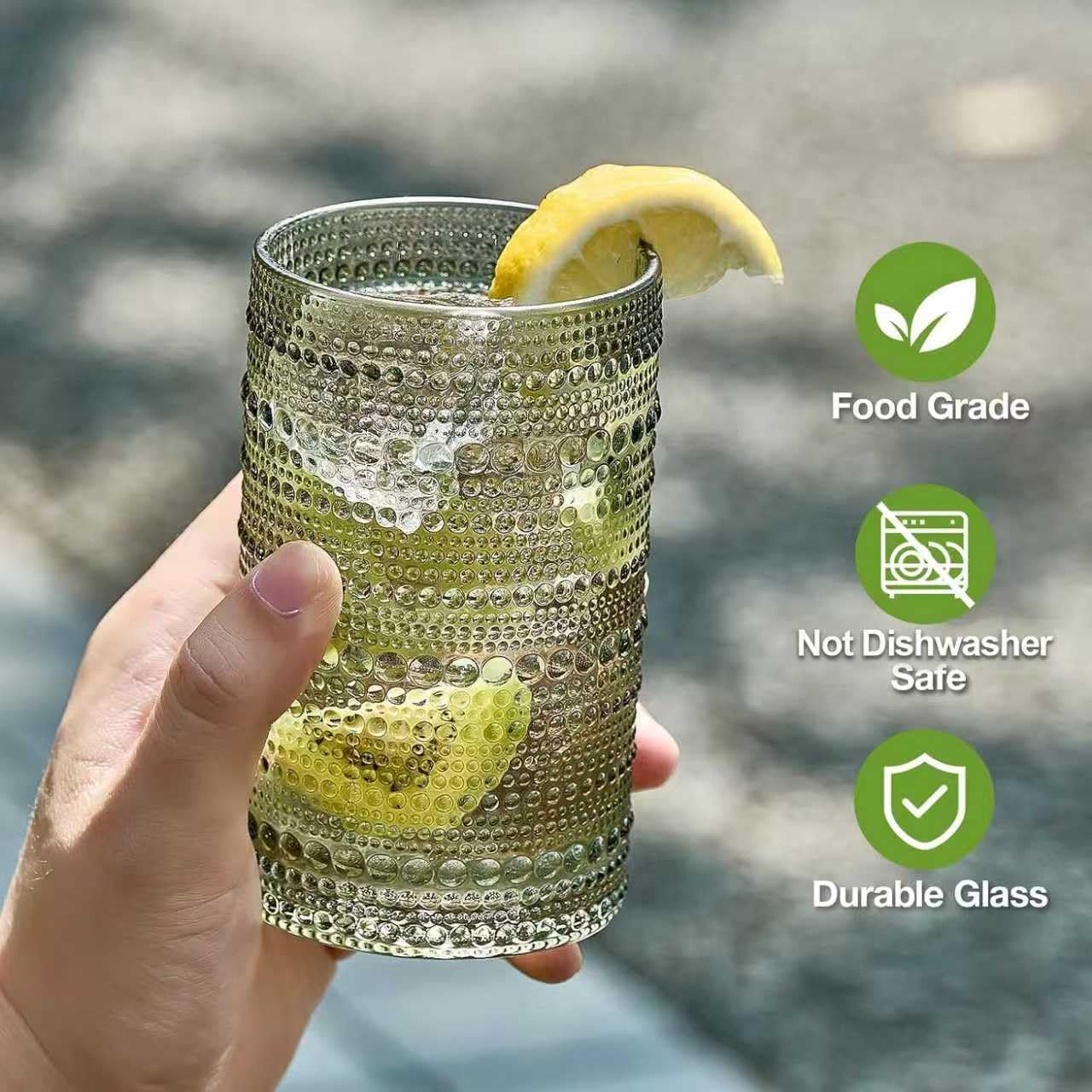 Mfacoy Colored Hobnail Drinking Glasses Set of 6, 12oz Vintage Kitchen Glassware, Embossed Beaded Glass Cups, Water Glasses, Beaded Colorful Water Tumbler for Cocktail, Juice and Various Mixed Drinks - Image 4