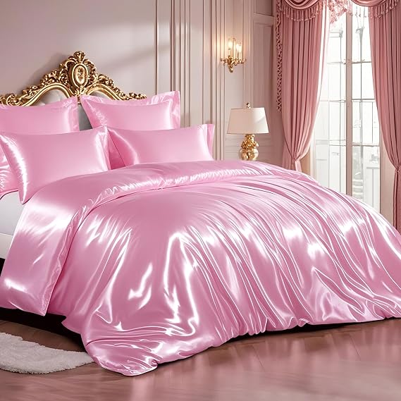 RUIKASI Satin Bedding Set Double Bed - Silky Duvet Cover Set for Hair and Skin, 3 Piece Duvet Set Quilt Cover with 2 Pillowcases, 200x200cm Pink