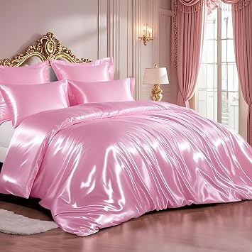 RUIKASI Satin Bedding Set Double Bed - Silky Duvet Cover Set for Hair and Skin, 3 Piece Duvet Set Quilt Cover with 2 Pillowcases, 200x200cm Pink