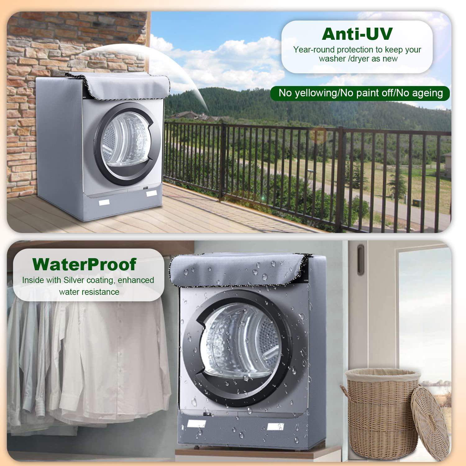 Housse pour machine à laver d'extérieur imperméable pour machine à laver et sèche-linge, housse de machine à laver intérieure antipoussière et anti-taches avec ouvertures frontales grises (XL