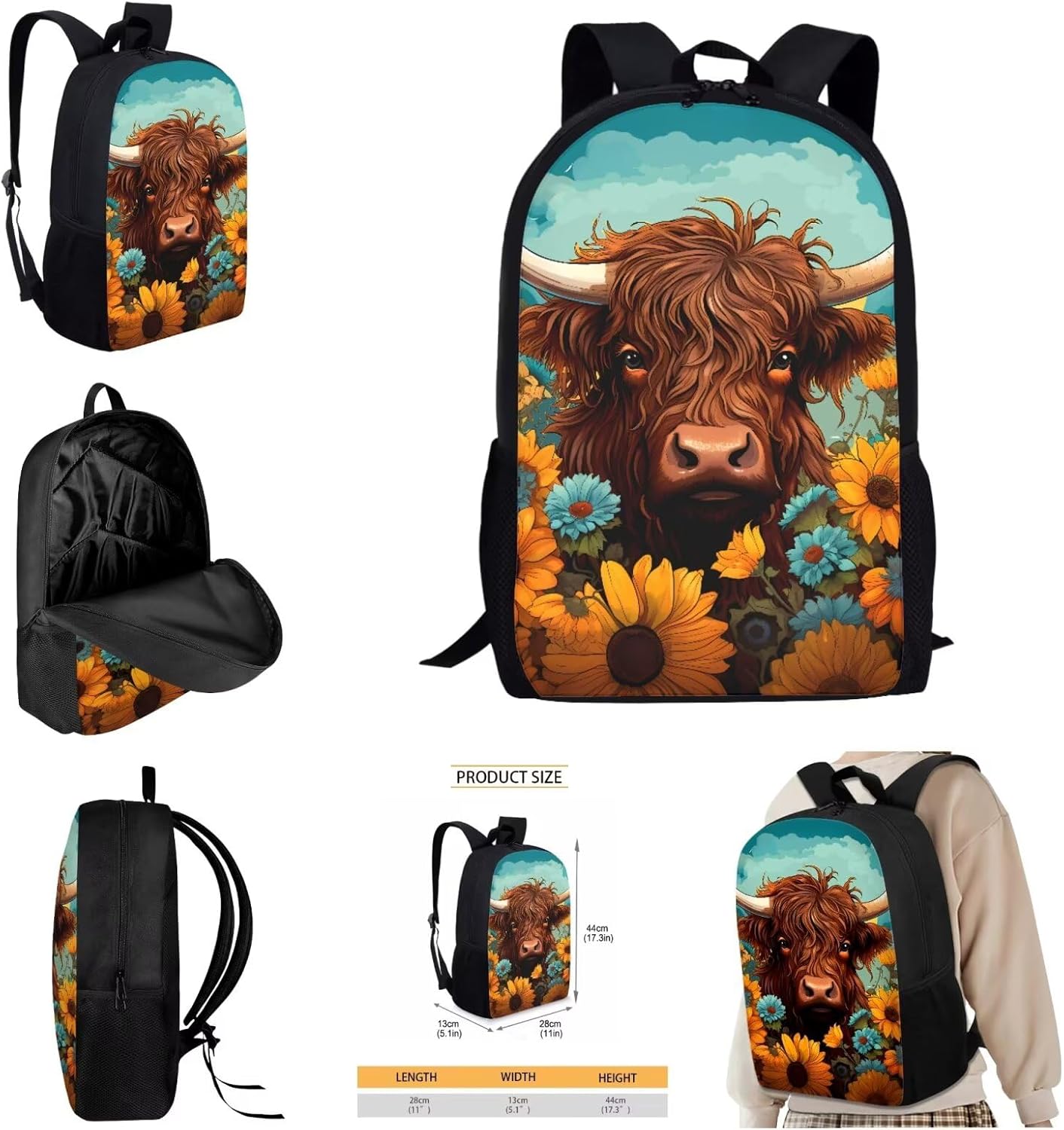 AmzPrint 4 In 1 Highland Cow Backpack Set Sunflower Bookbag And Lunch Box Pencil Bag Water Bottler Carrier Set For Girls Boys