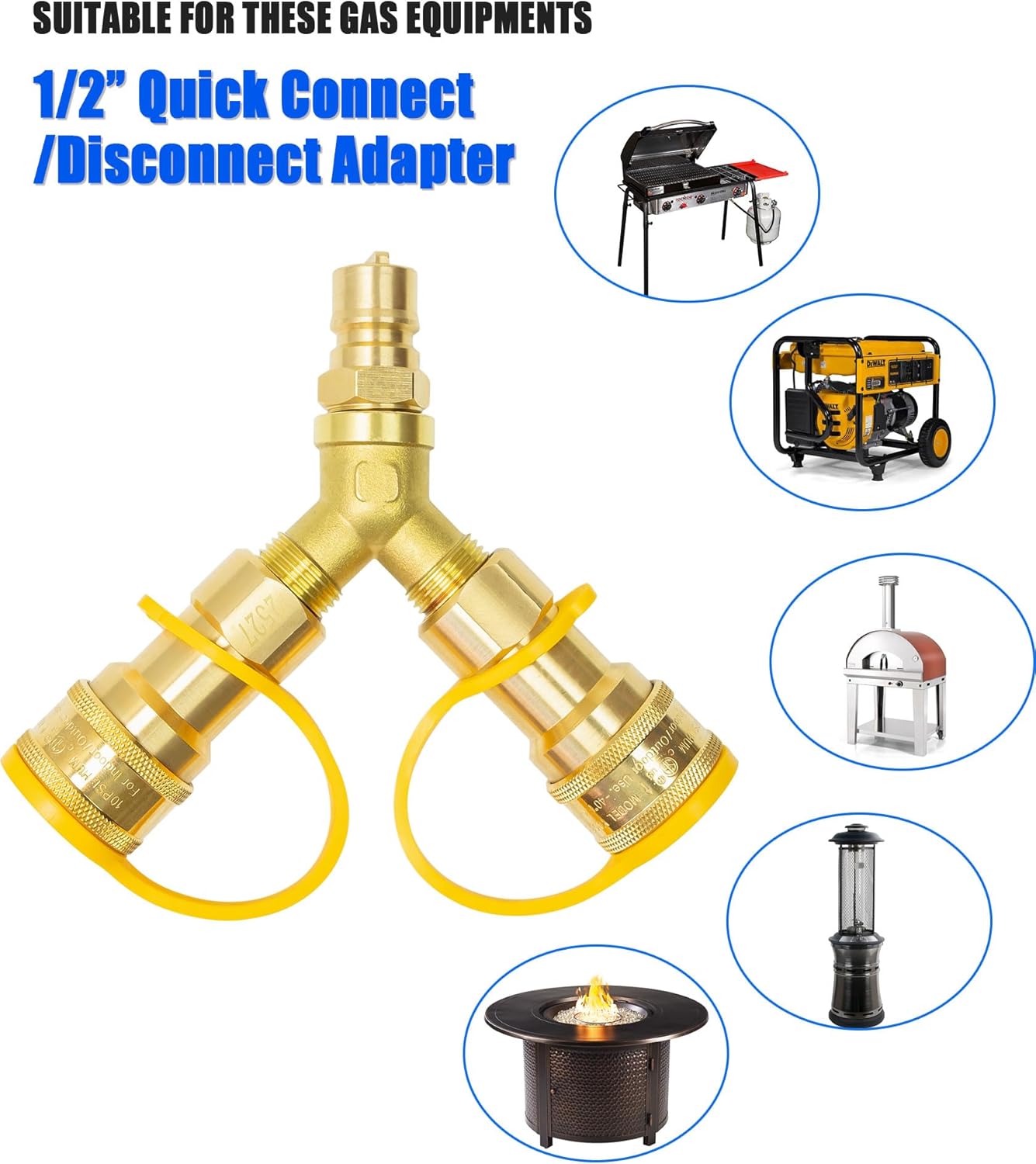 1/2 Inch Natural Gas Y Splitter, 2-Way Quick Connect Adapter with Shut-Off Valve, Low Pressure Propane and NG Separator Adapter for Grill, Pizza Oven, Patio Heater/Fire Pit, RV, Generator