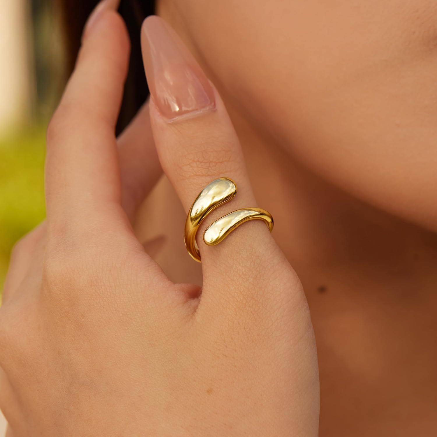 Non Tarnish Gold Chunky Rings for Women, 14K Gold Plated Statement Dome Rings Stacking Silver, Adjustable Mens Eternity Wedding Band Mixed Metal Jewelry Size 3-13 - Image 3