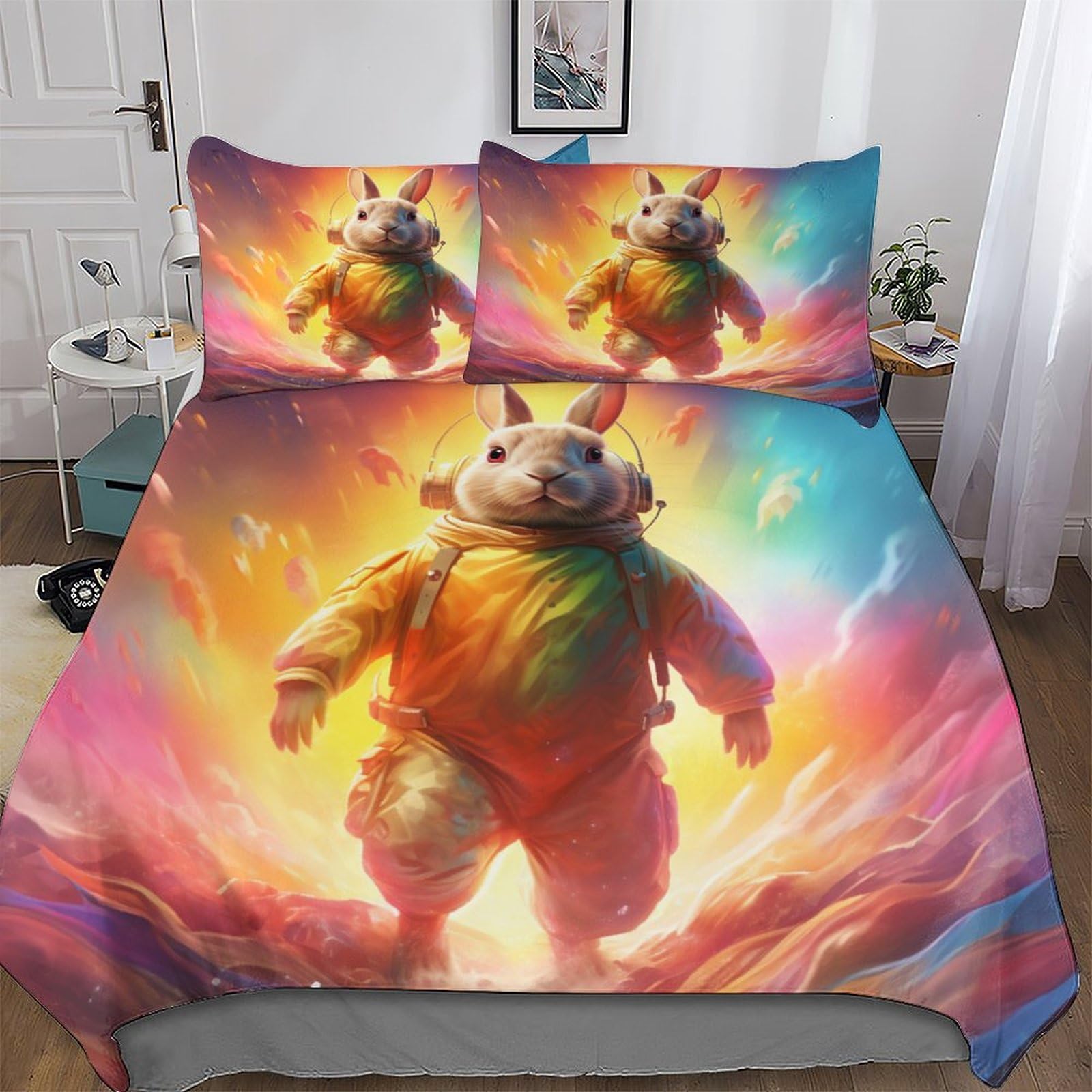 Housse de couette 200x200 lapin mignon 3D parure lit double microfibre