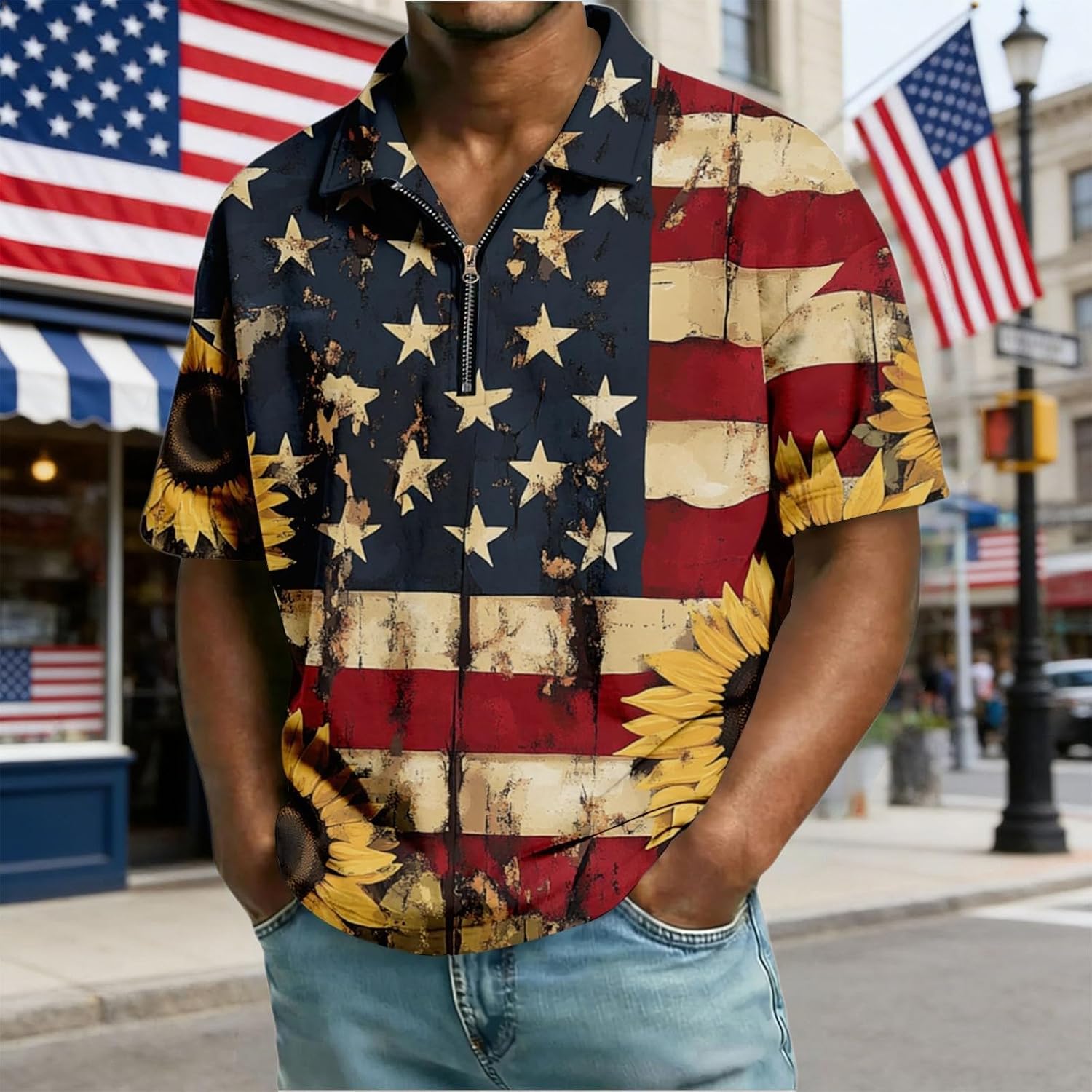 Fourth of July Golf Shirt for Men American Flag 1/4 Zip Tshirt Mens Vintage Patriotic Polo Shirts USA Summer Tops