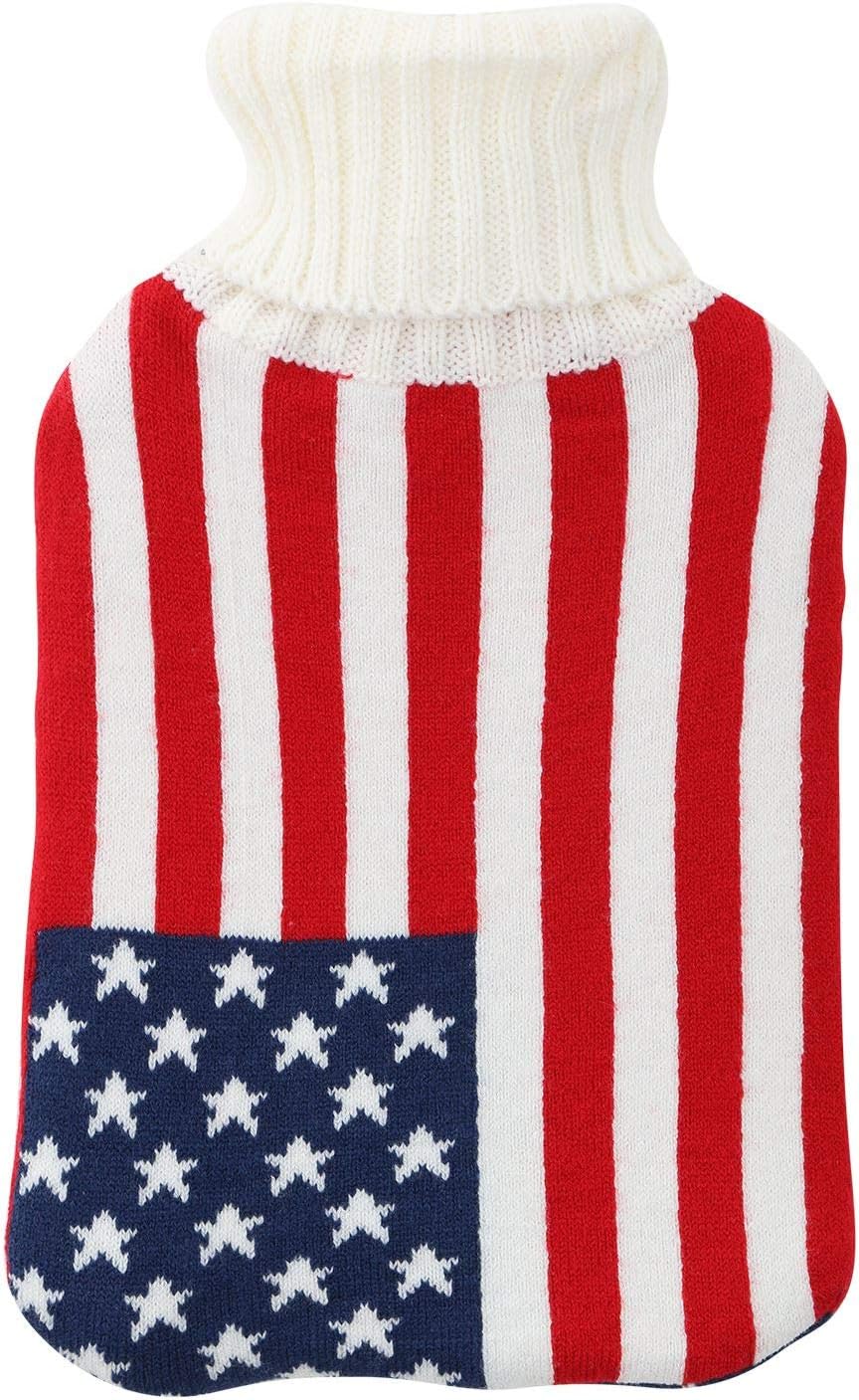 Large Hot Water Bottle with Knitted American Flag Cover Removable Natural Rubber 2 Litre Red White Blue USA Star & Stripes Old Glory Open Top Winter Warm Heat Therapy Cosy Snuggle Bed Sofa