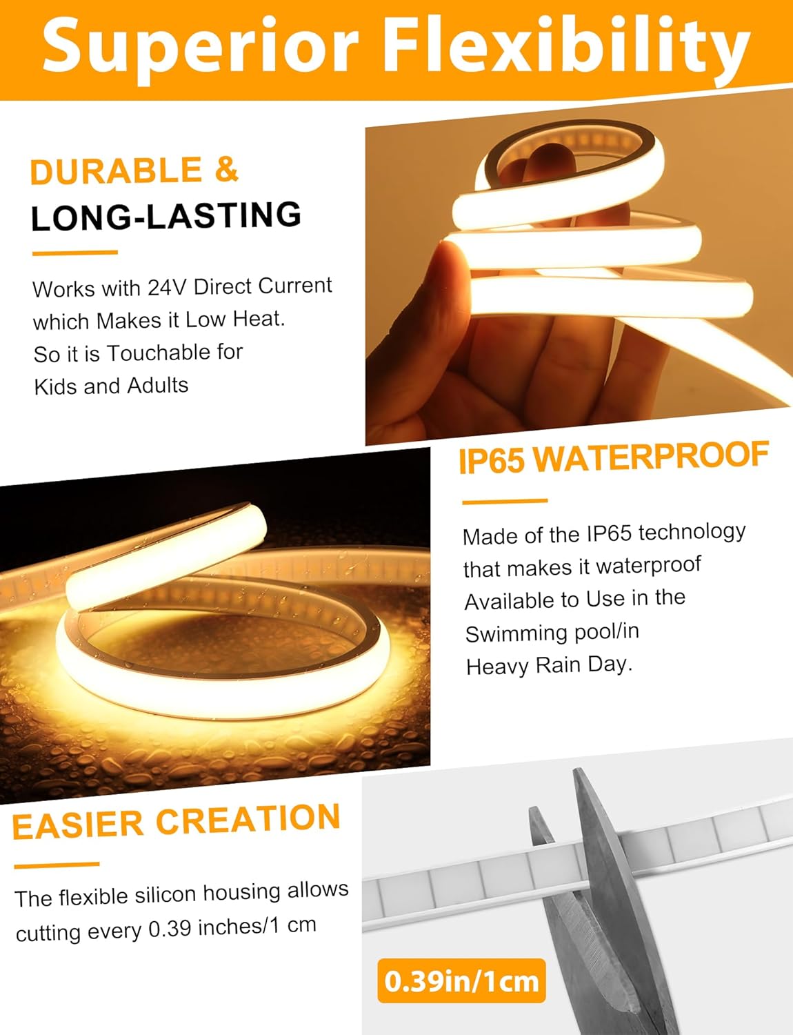 Close-up image showing the flexibility of the LED strip and a pair of scissors cutting the strip at a marked interval of 0.39 inches or 1 cm.
