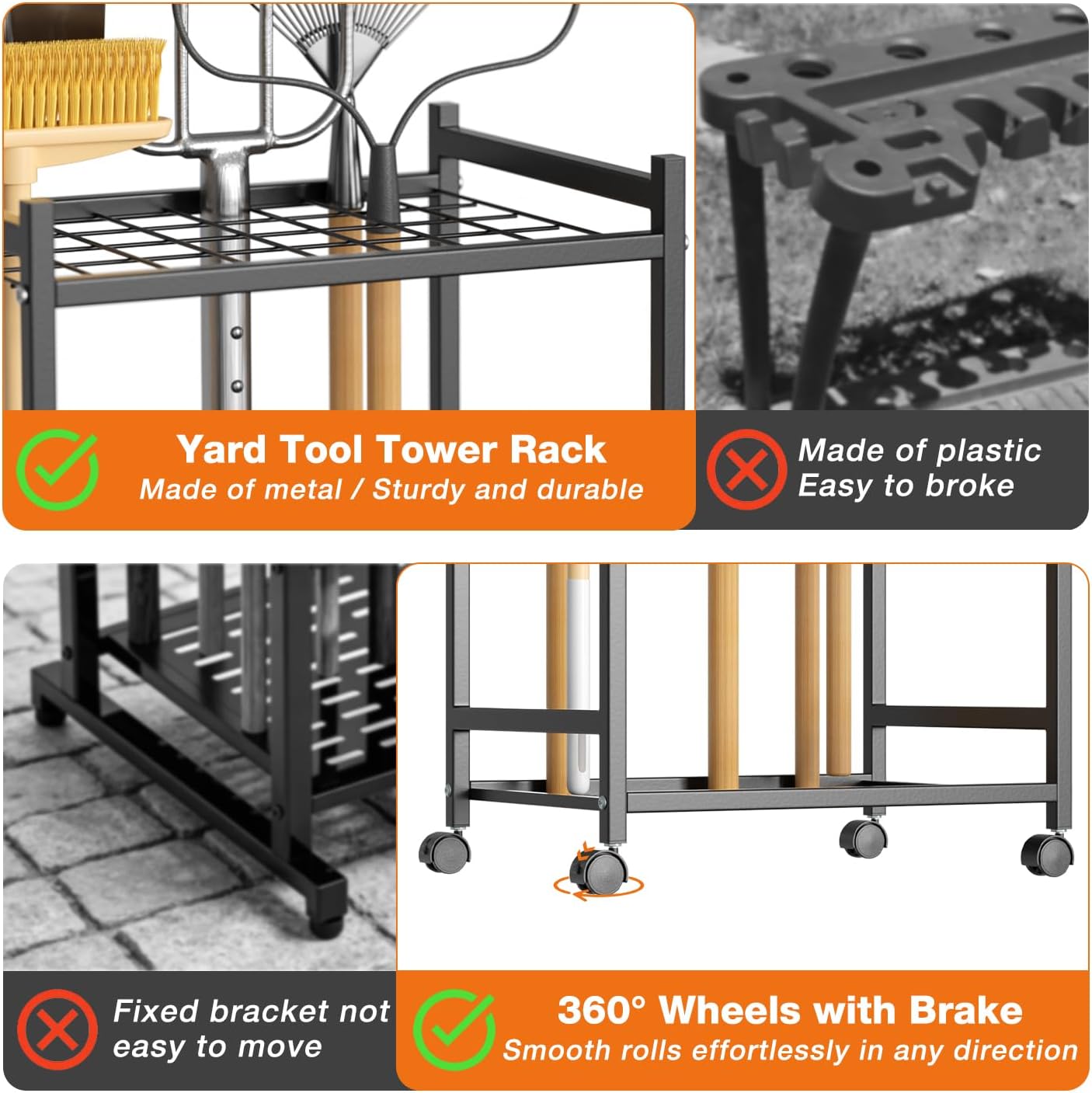 Garden Tool Organizer with Wheels, Heavy-Duty Yard Tool Rack with 3 Side Hooks, Holds Up to 40 Long-Handled Tools, Metal Garage Tool Storage for Lawn & Outdoor Organization