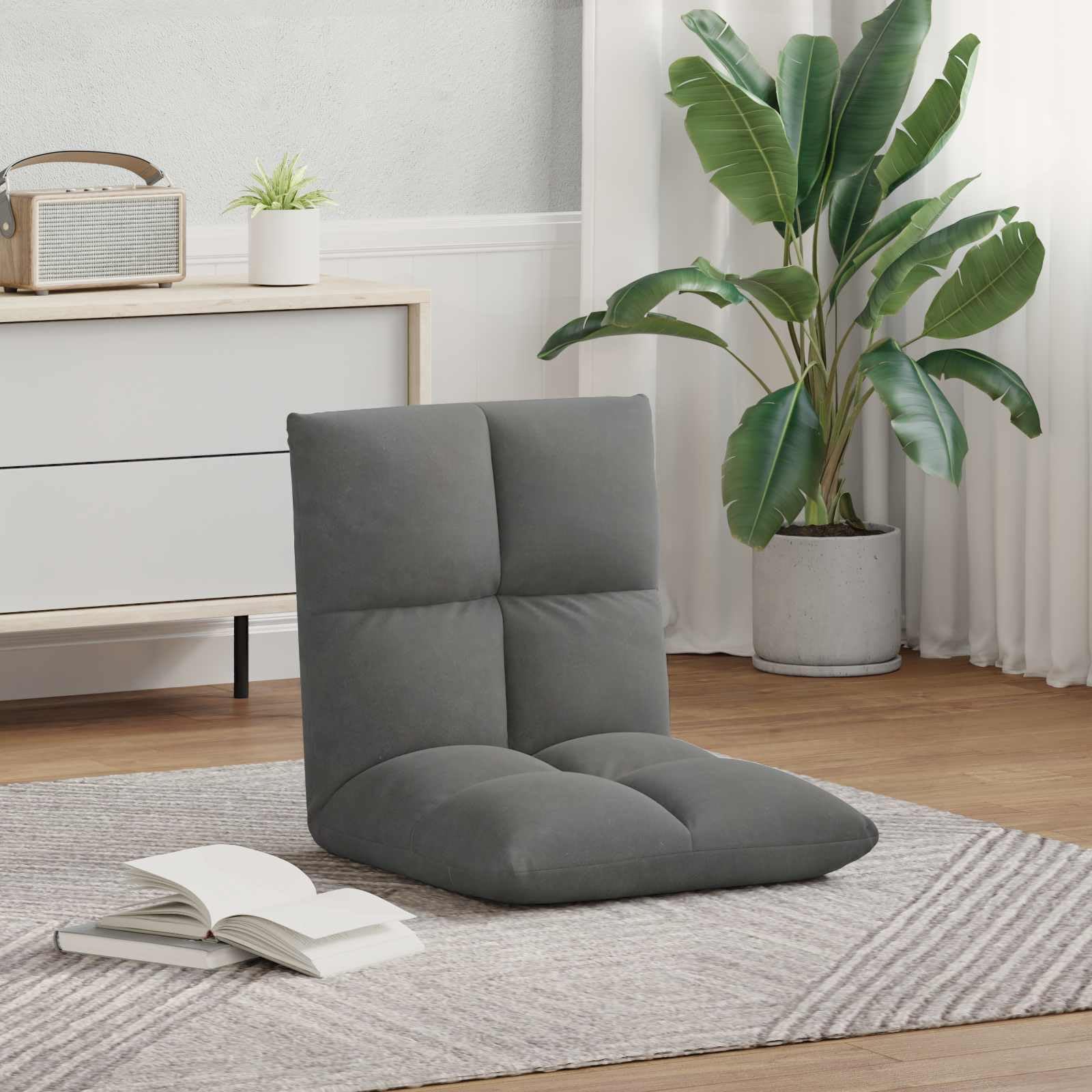 Regulowane krzesło podłogowe, ciemnoszare, aksamitne, wyściełane oparciem wielopozycyjnym, składane i składane, ergonomiczne do salonu, sypialni, gier, medytacji i czytania