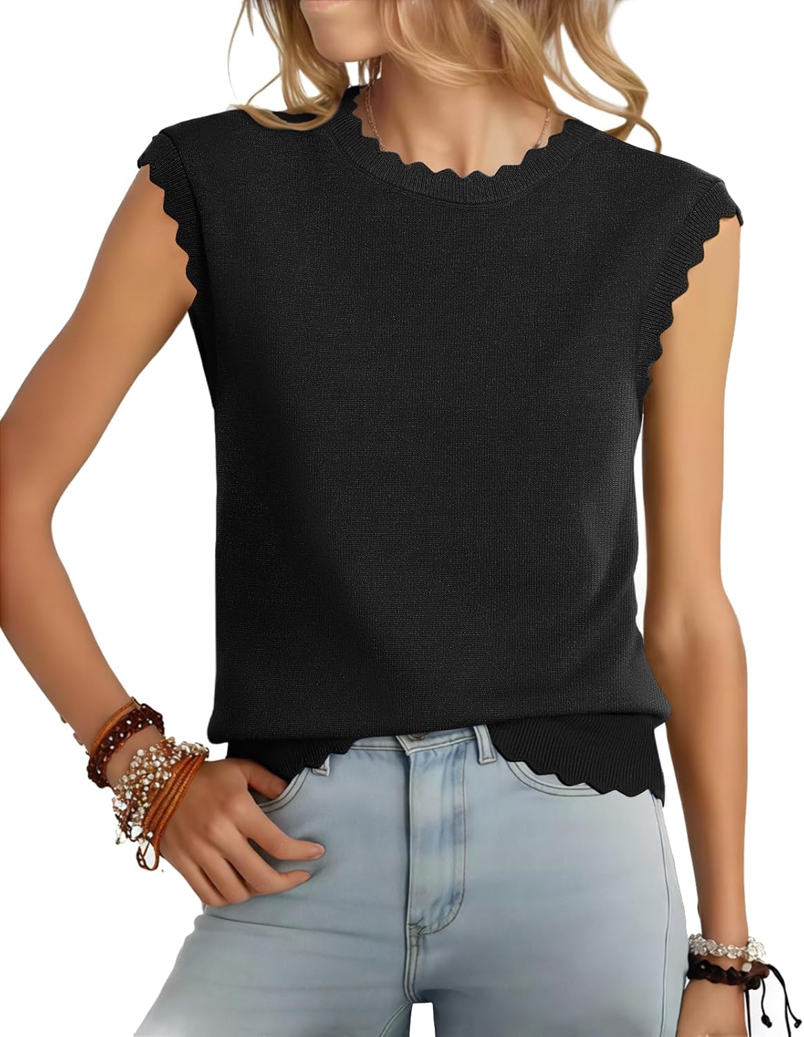 Womens Sleeveless Sweater Vest 2026 Spring Summer Crew Neck Knit Tops Business Casual Cute Scallop Tank Top