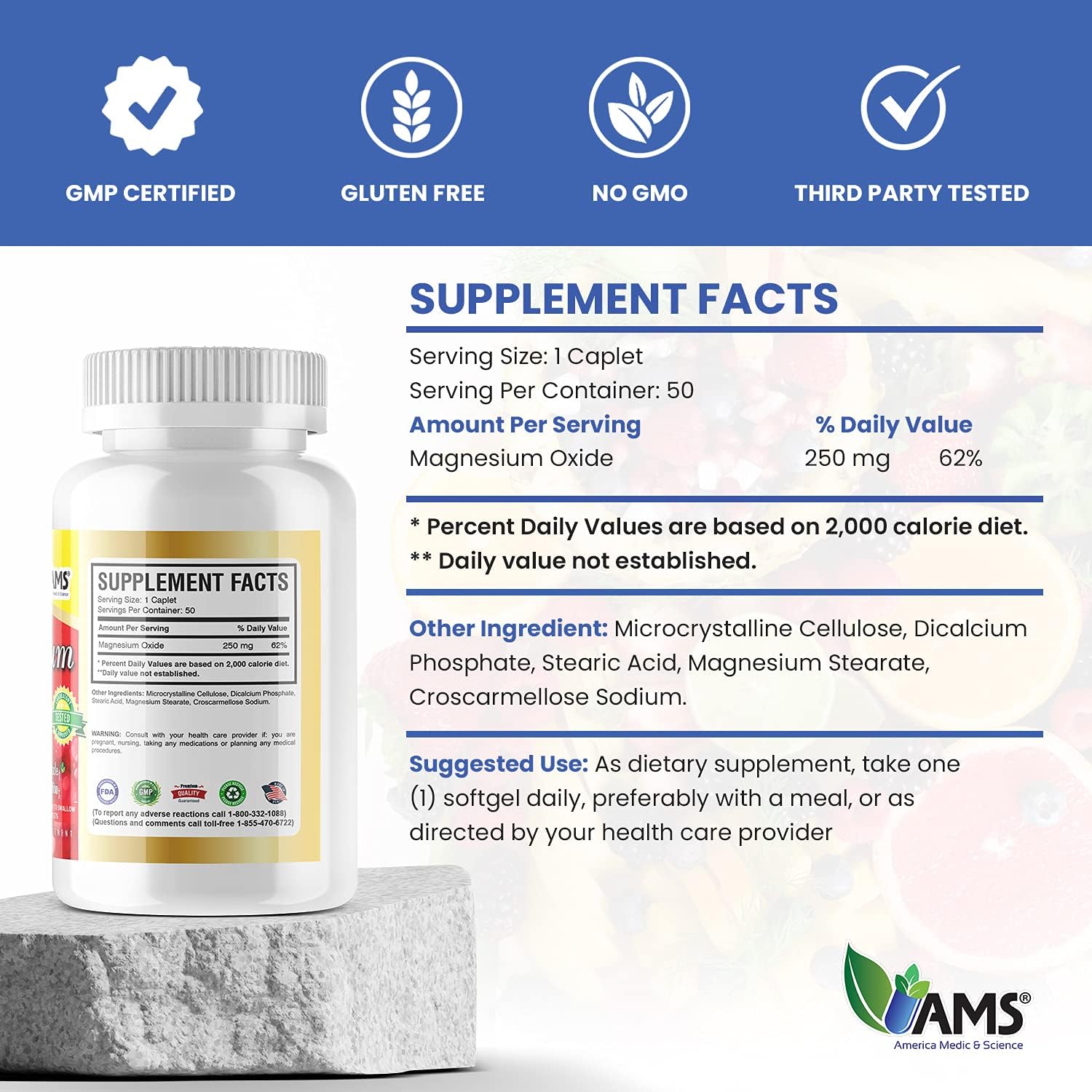 America Medic & Science Magnesium 250 mg (50 Caplets) | Pack of 1 Bottle | Magnesium Oxide Supplement for Men and Women | Supports Healthy Nerve and Muscle Functions | Boosts Exercise Performance