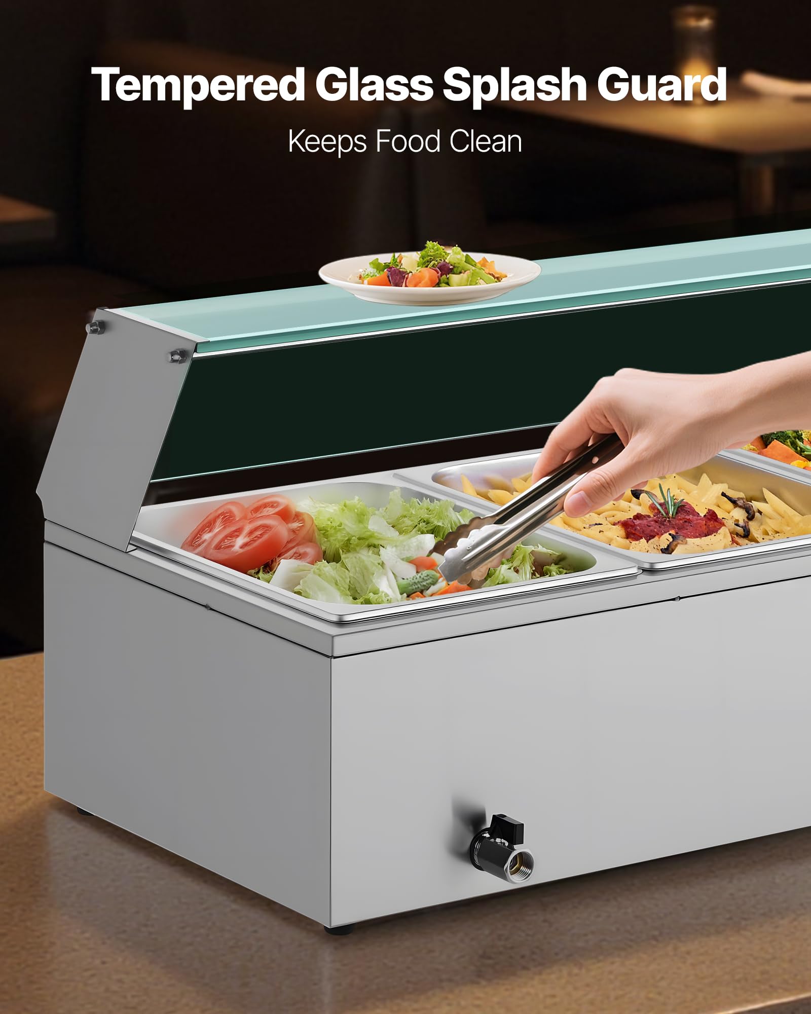 VEVOR Elektryczny podgrzewacz do żywności ze stali nierdzewnej 1500 W z parą i szklaną pokrywą, 4 tace, kąpiel wodna z łyżkami, do restauracji i na imprezy, 1185 x 365 x 385 mm, srebrny