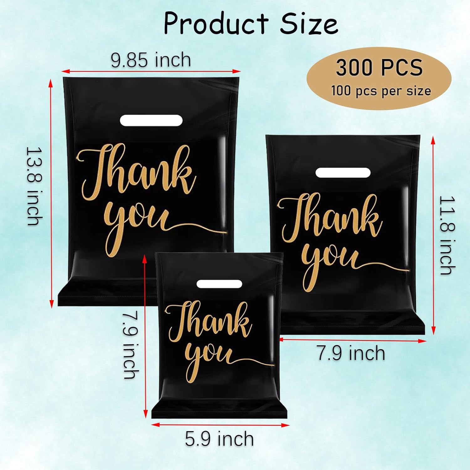 HXYCNNA 300 Pcs Thank You Merchandise Bag Plastic Shopping Bags Retail Bags Bulk Die Cut Thank You Gift Bags with Handles Boutique Bags Goodie Bags for Party, Business, Stores, Retail (Black 3 Size)