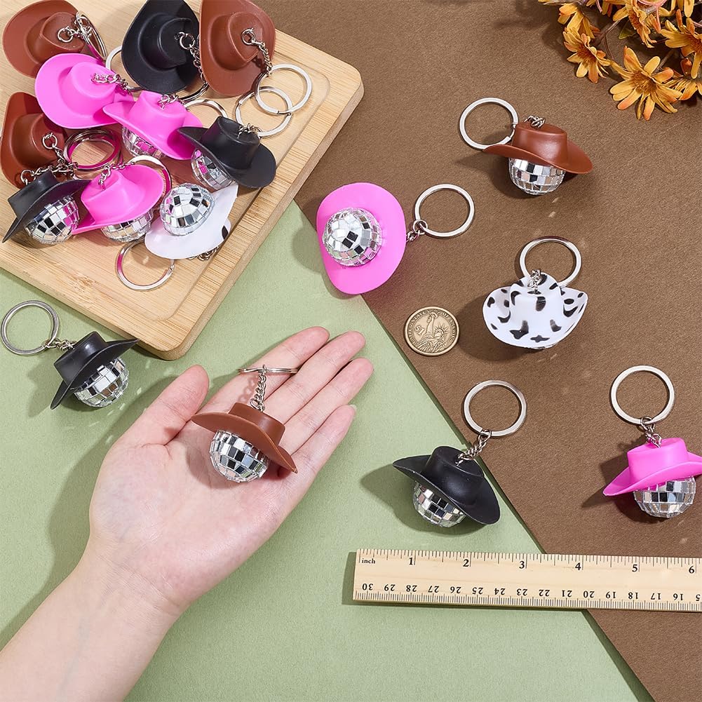 PH PandaHall 20pcs Western Cowboy Hat Keychain, 4 Colors Plastic Mini Hats Charm Keyring with Mirror Disco Ball Cowgirl Hat Shape Key Chains for Western Party Favors Gifts Crafts Christmas Home Decor