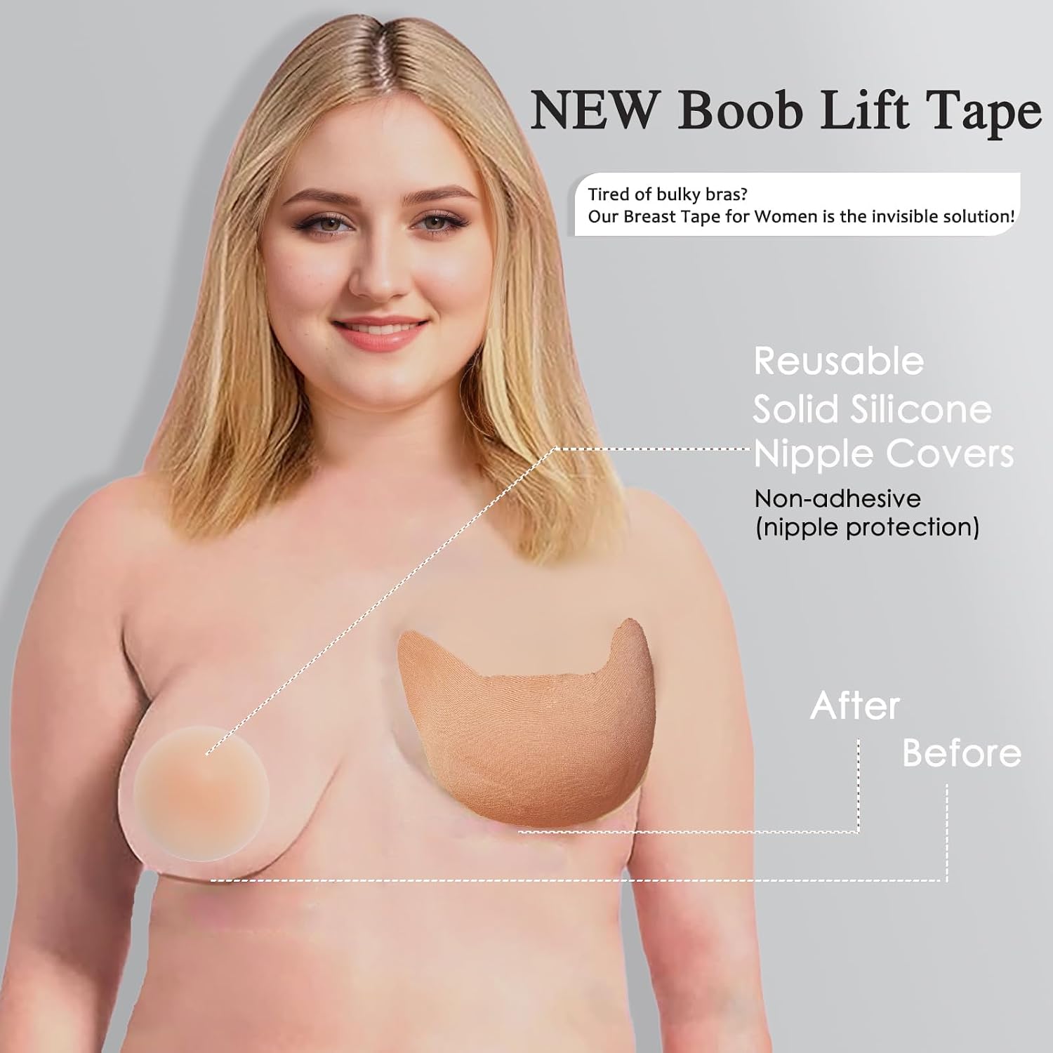 Majurphy Breast Tape for Women, 6 Pack with Nipple Covers | Adhesive Strapless Bra Tape | Demi-Cup Lift Support, Beige
