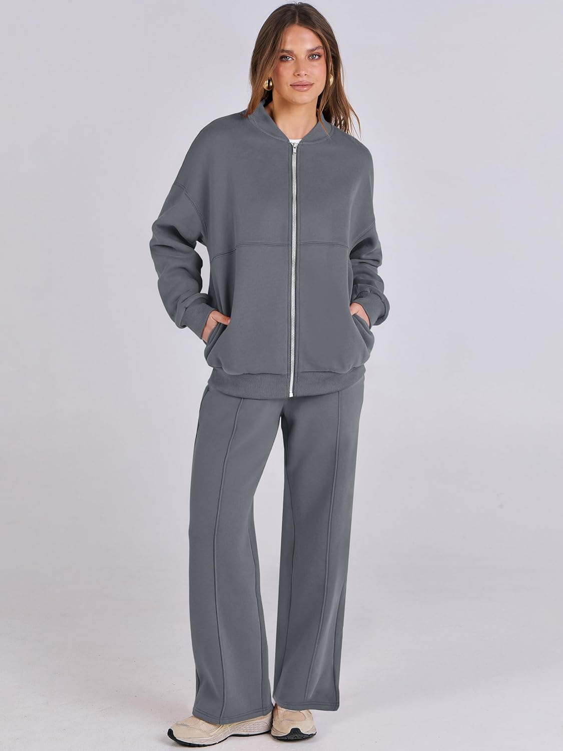 ANRABESS Women 2 Piece Outfits Lounge Set Oversized Zip Up Sweatshirt Jacket Sweatpant Matching Sweat Sets Winter Sweatsuits - Image 2