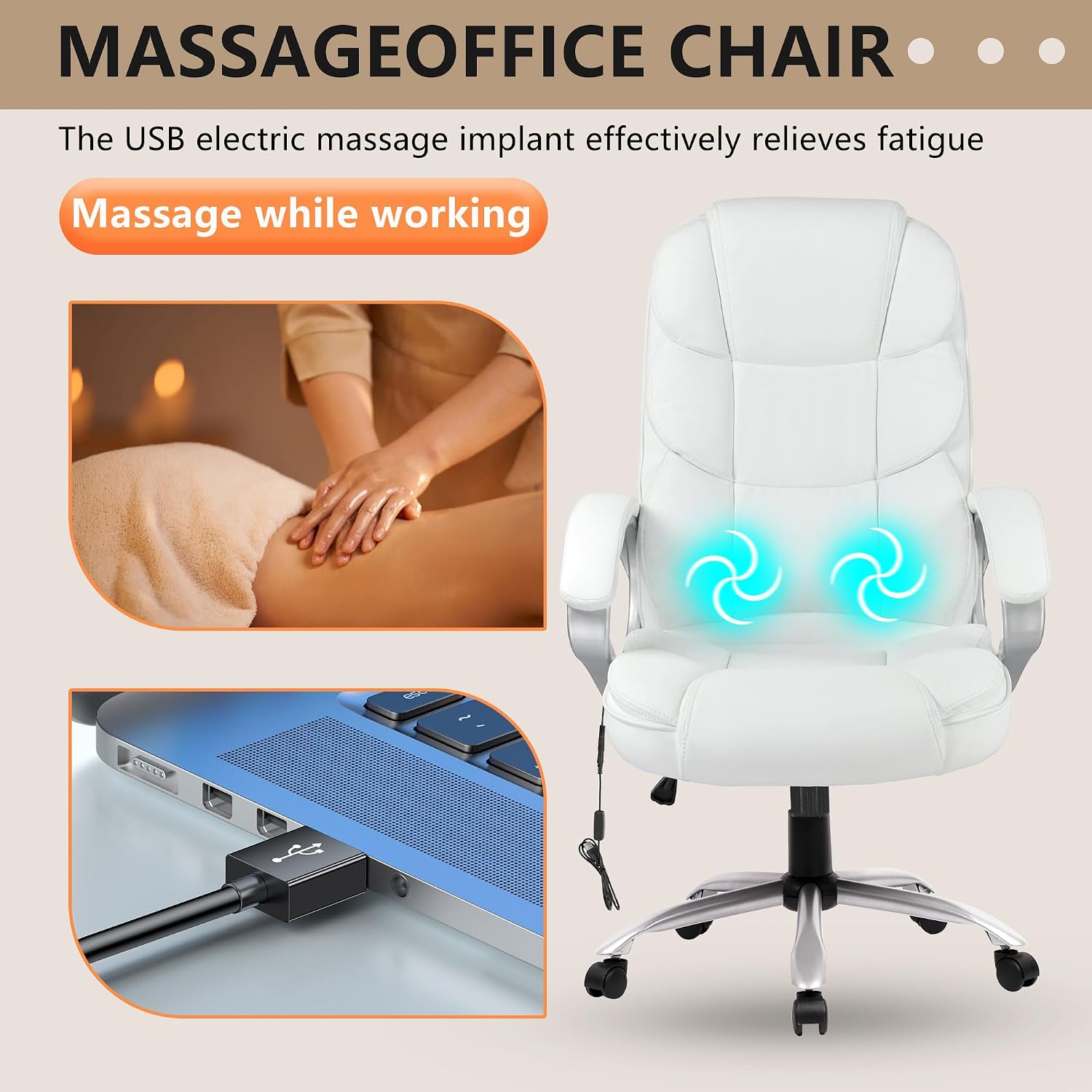 FDW Office Chair Computer High Back Adjustable Ergonomic Desk Chair Executive PU Leather Swivel Task Chair with Armrests Lumbar Support (Beige) - 6