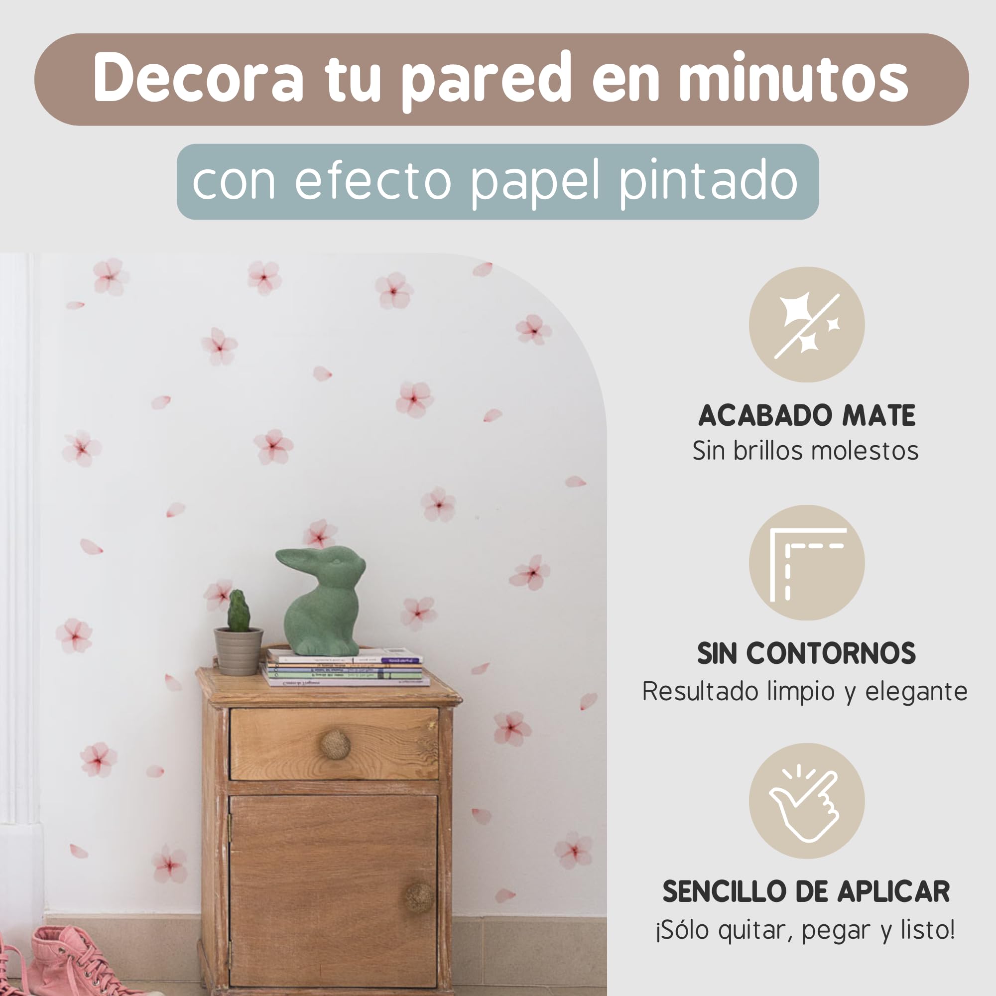 Pegatinas Pared Decorativas Flores Acuarela | 4 Láminas, 72 Flores y 60 Pétalos | Vinilo Adhesivo Pared | Efecto Papel Pintado | Cubre 6 m² | TRESXICS (Rosa)
