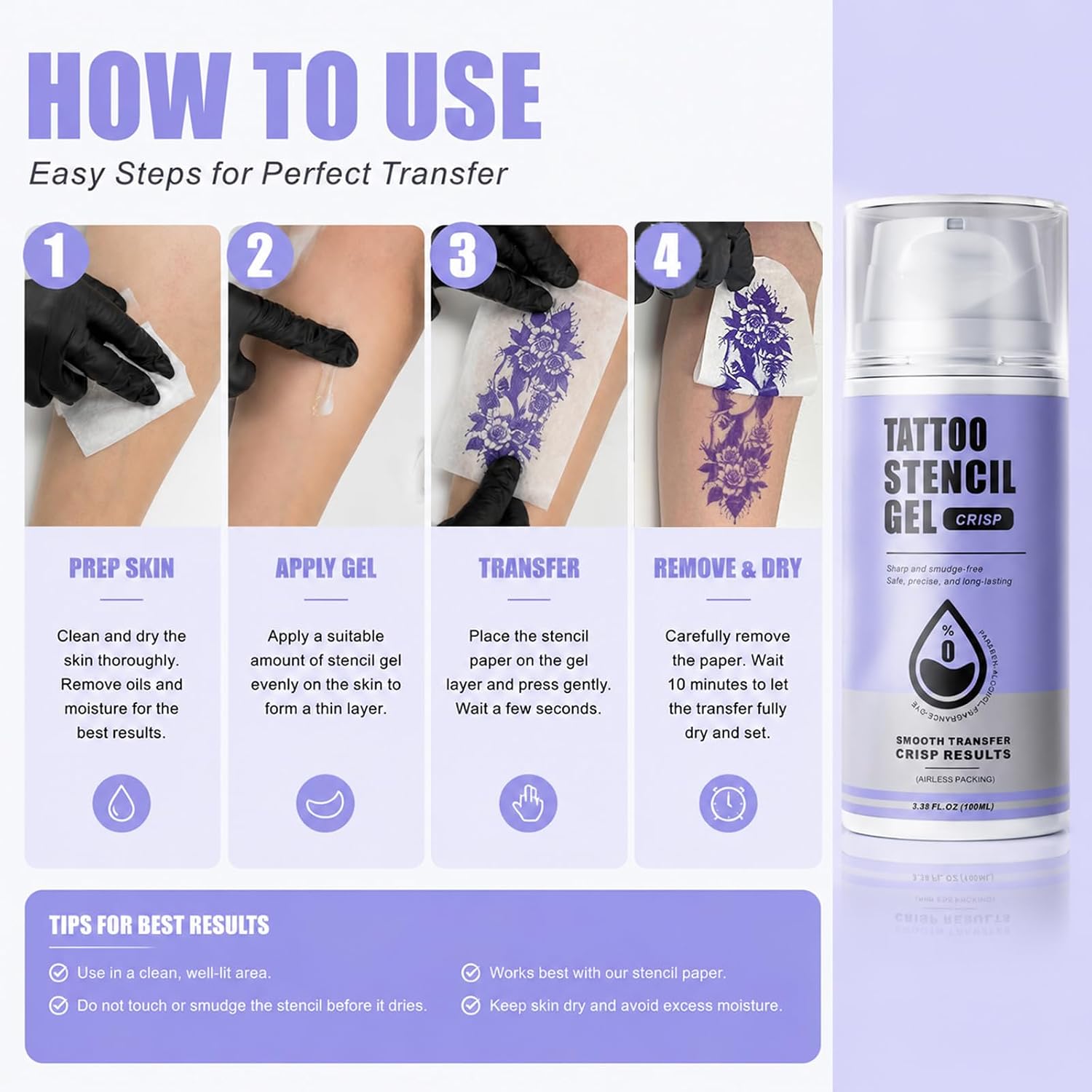 Tattoo Stencil Gel - 3.38oz Tattoo Transfer Gel, Vegan Skin Pre-care Crisp Stencil Transfer Gels for Tattoo Transfer Paper Printer Professional Tattoo Supplies for Body Art, 100ml