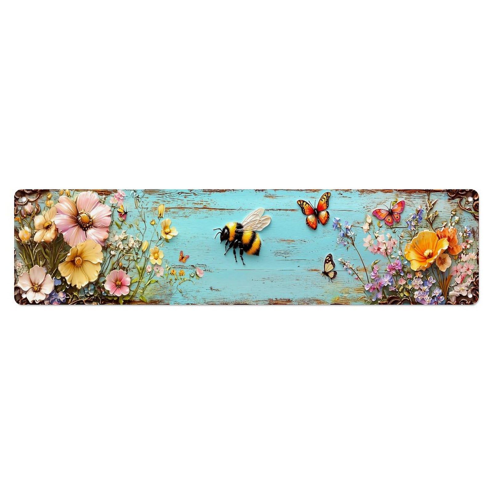 Floral And Bee Pattern Metal Tin Sign Plaque