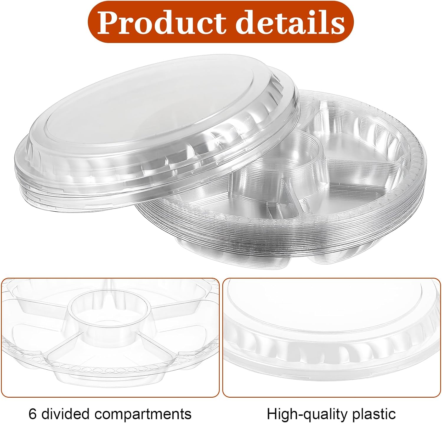 40 Pack Plastic Appetizer Trays with Lids, 10.63” Disposable Round Serving Platters, 6-Compartment Clear Vegetable Fruit Snack Trays for Party Buffet Catering