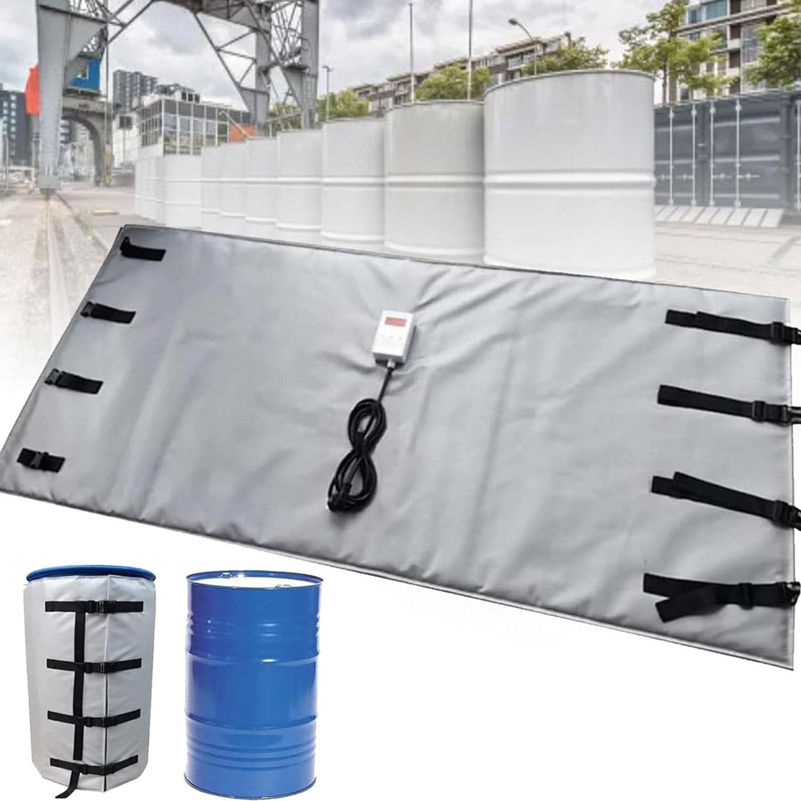 MRVAKDYDI Oil Barrel Heating Blanket, Insulated IBC Drum Heating Blanket for 55/275 Gallon, Black/Grey, Adjustable Thermostat(Grey,275Gallon/1000L)