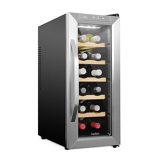 Ivation 12 Bottle Thermoelectric Wine Cooler/Chiller - Stainless Steel - Counter Top Red & White Wine Cellar w/Digital Temperature, Freestanding Refrigerator Smoked Glass Door Quiet Operation Fridge