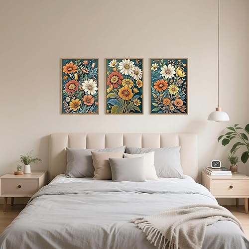 Miniatura 5 de HOURIA Juego de arte de pared en lienzo con marco de flores retro bohemias, coloridas flores silvestres con hojas verdes, pintura de pared botánica