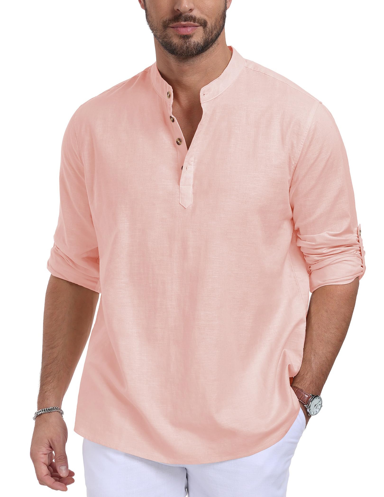 QUEZHU Camisa de Lino Algodón Hombre Manga Larga Camisas de Verano Cuello Mao Casual con Botónes Top Henley Camisa