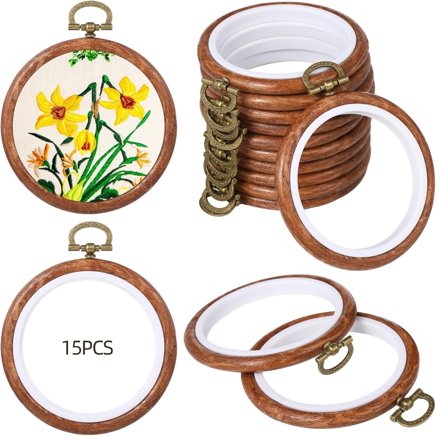 15 PCS Round Embroidery Hoops - 3.7 Inches Imitated Wood Circle Rubber Hoop Frames, Cross Stitch Ornament Hoop Ring, Hanging Wood-Like Frame for DIY Embroidery Art Craft Sewing