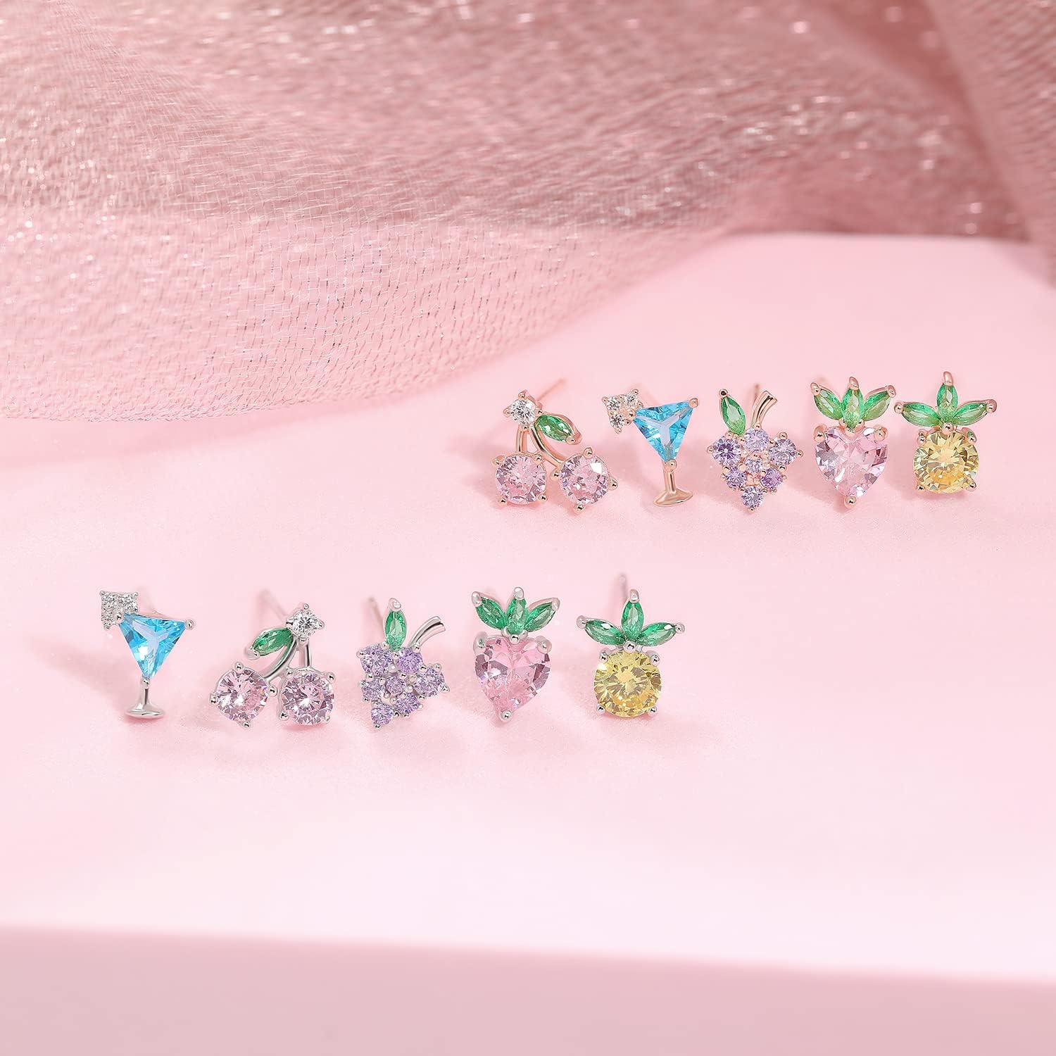 925 Sterling Silver Stud Earrings for Women Cute Fruit Earrings Cherry Pineapple Strawberry Grapes Dainty Studs Earring Set for Multiple Piercings