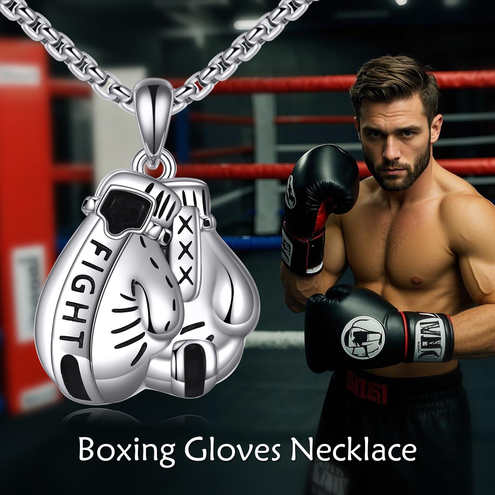 Collana in argento sterling "Never Give Up" con ciondolo guantoni da boxe, regalo per uomini