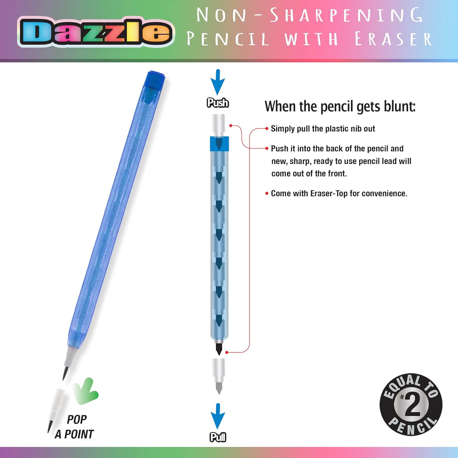 BAZIC PRODUCTS Multi Point Pencil Dazzle w/Latex Free Eraser, Non-Sharpening Multipoint Pencils Smooth Write for Drafting Drawing Sketching (8/Pack), 24-Packs