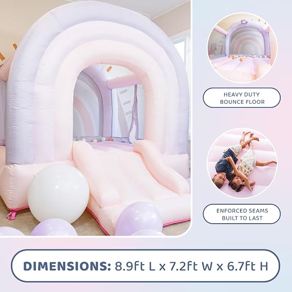 Bounceland Daydreamer Cotton Candy Bounce House, Pastel Bouncer with Slide, 8.9 ft L x 7.2 ft W x 6.7 ft H, UL Blower Included, Basketball Hoop, 30 Pastel Plastic Balls, Trendy Bouncer for Kids