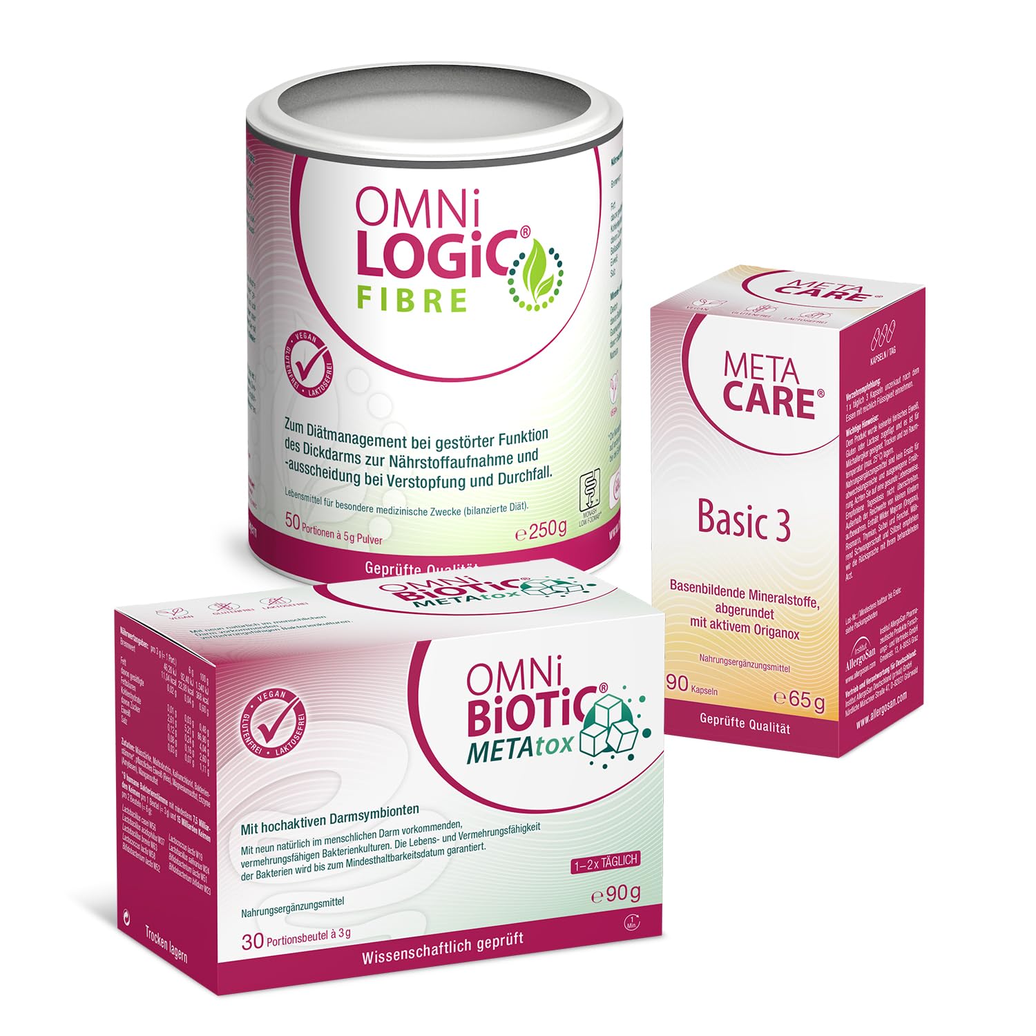 Stoffwechselpaket: OMNi BiOTiC METAtox - 30 Portionen | OMNi LOGiC FIBRE - 50 Portionen (250g) | META CARE Basic 3-90 Kapseln | Vegan | Säure-Basen-Haushalt | Zucker- und Fettstoffwechsel