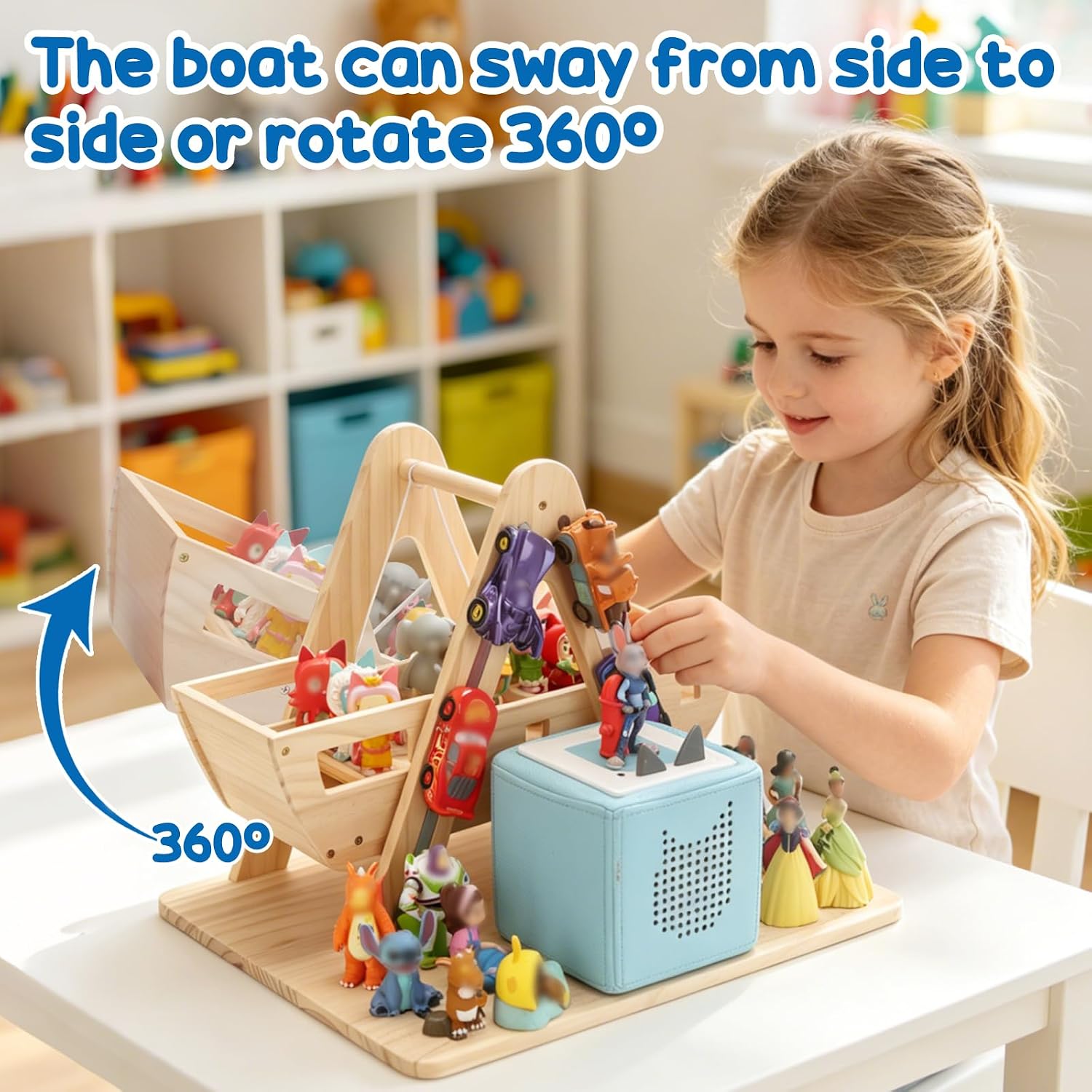 Magnetic Wooden Storage Rack Compatible with Toniebox 2/1,360° Rotating Pirate Ship Figures Holder Organizer for Tonies Figures,Character Display Shelves with Card Holder, Playroom Decor Gift for Kids
