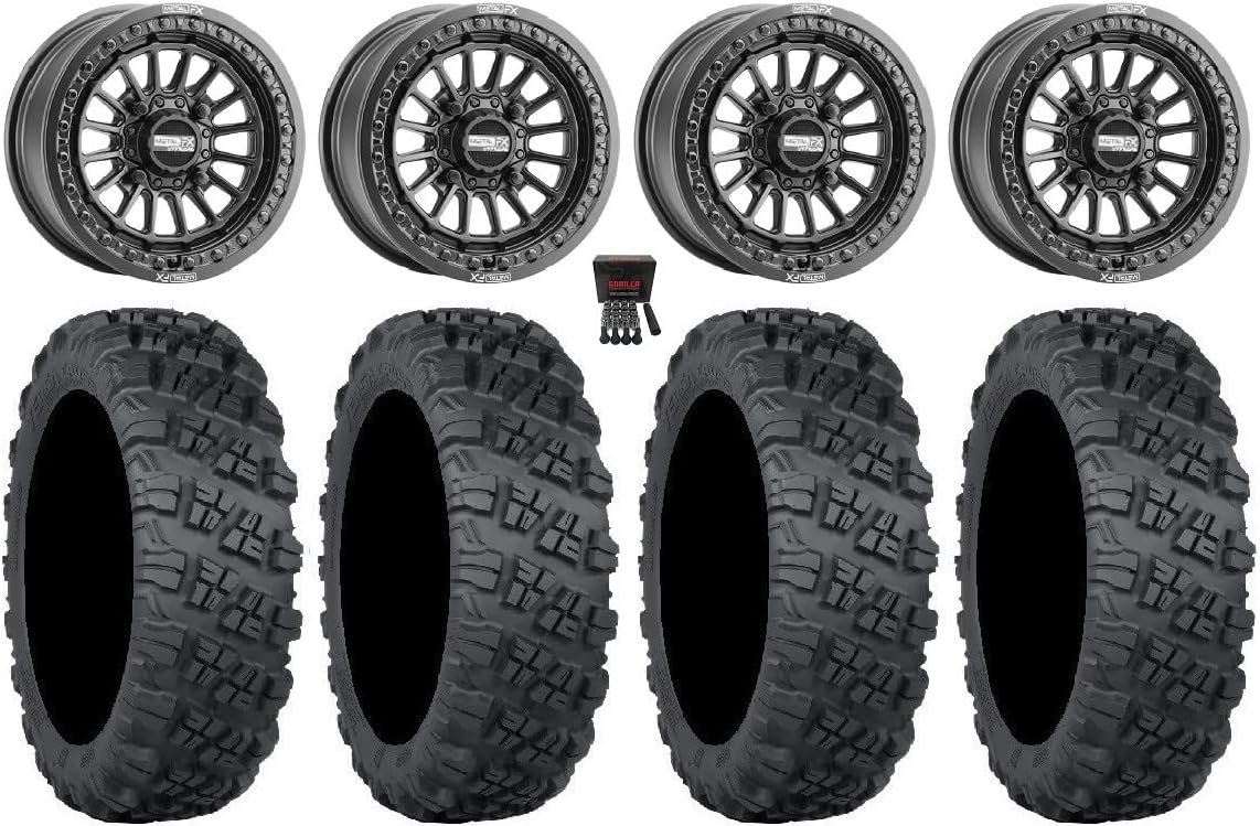 Bundle - 9 Items: Metal FX Delta Bdlk 15" Wheels Bk 35" Versa Cross V3 Tires [4x137 Bolt Pattern 12mmx1.5 Lug Kit]