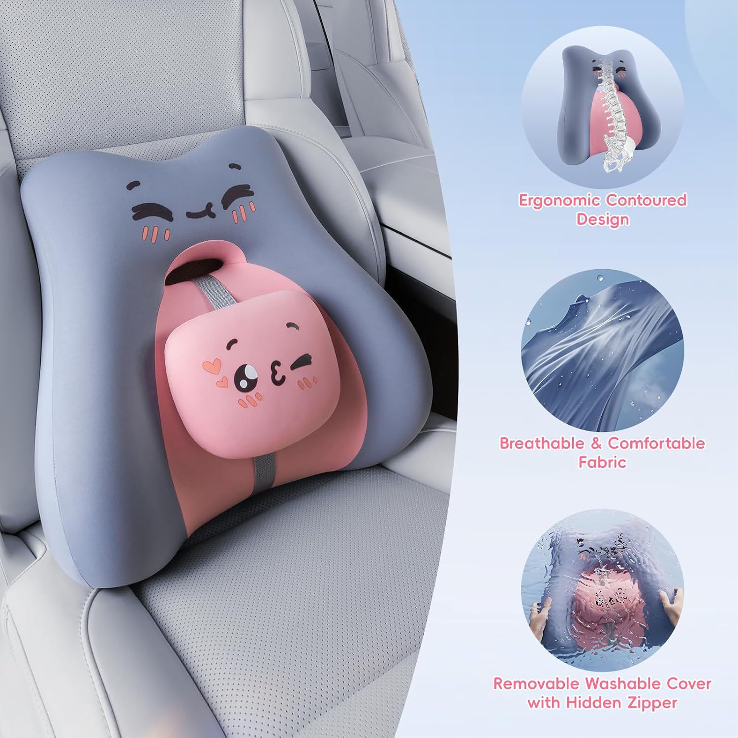 BEBAS Lumbar Support Pillow for Car & Office Chair - Ergonomic Back Support Cushion with Adjustable Memory Foam Bolster, Cute Cartoon Design, Lower Back Pain Relief for Driving & Desk Work - Blue