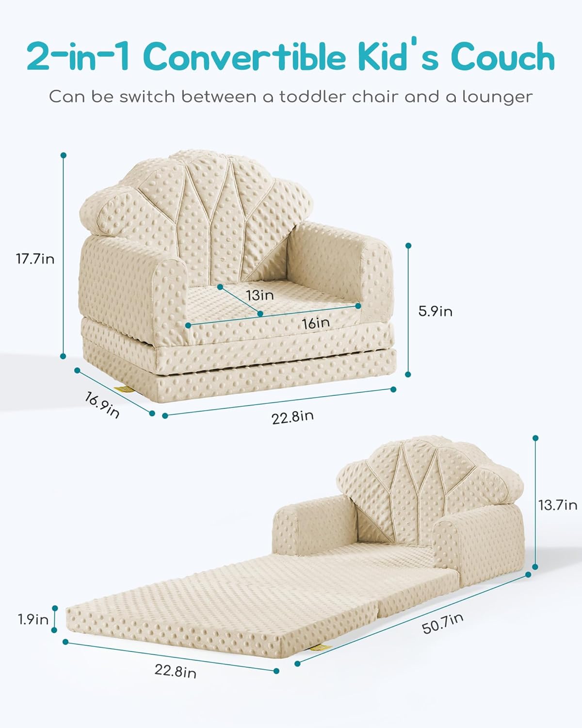 Kids Couch, 2-in-1 Soft Bubble Dot Minky Fold-Out Couch, Convertible Sofa to Lounger for 1-3 Years Old, Kid Furniture for Playroom, Beige - Image 3