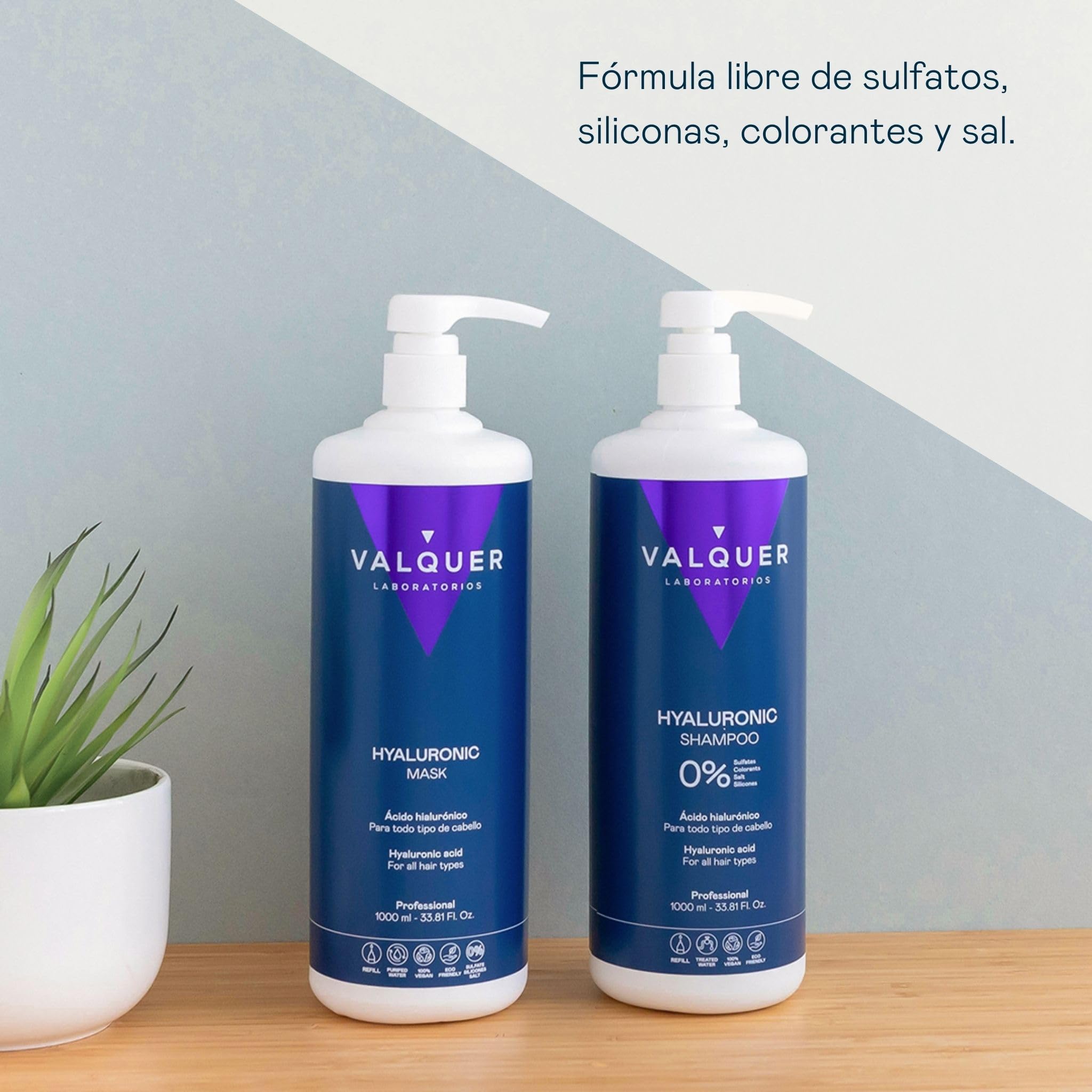 VALQUER Pack Ácido Hialurónico Champú Reparador y Mascarilla Capilar Fórmula Zero | Hidrata y Protege el Cabello Dañado y Seco con Aloe Vera y Keratina | Para Todo tipo de pelo | 1 L + 975 ml