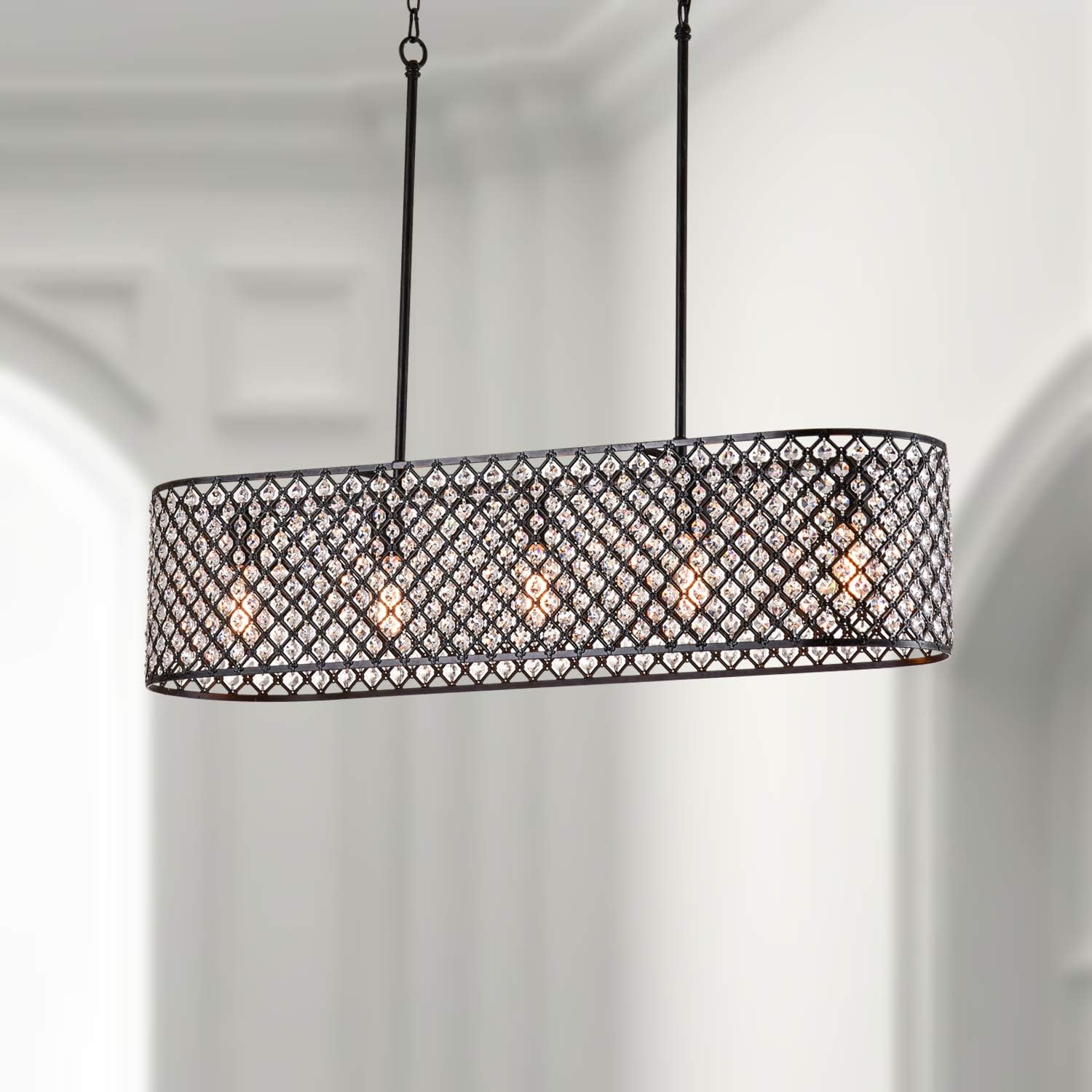 Discount 80% Maxax 5 Lights Crystal Chandelier, Modern Island Pendant Light, Oval Hanging Light Fixture, ETL Listed, Adjustable Chain for Living Room, Dining Room, Kitchen Island, Antique Black