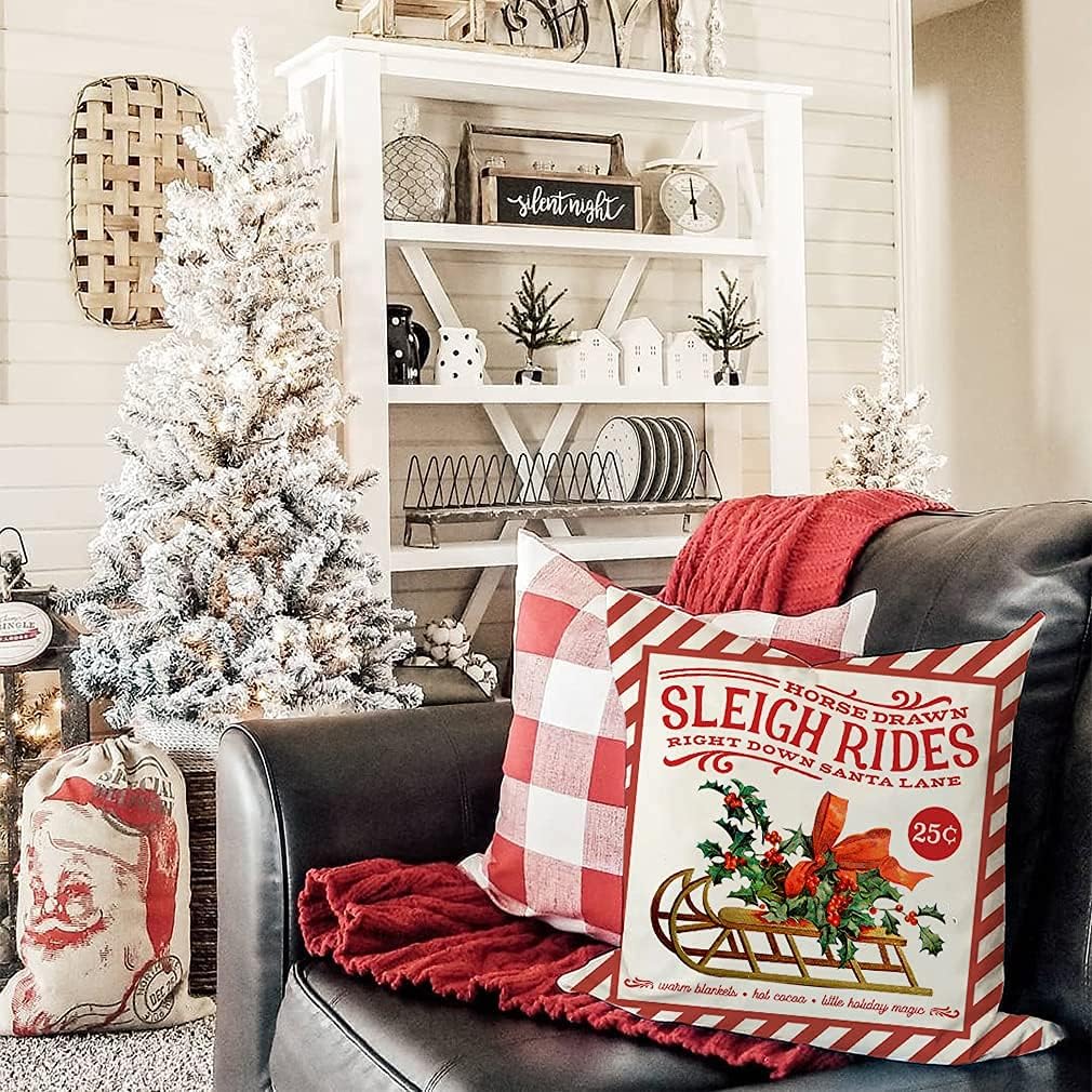 PANDICORN Vintage Christmas Pillow Covers - 18x18 Set of 4 for Christmas Decorations, Red Retro Santa Trees Candy Cane Sleigh Rides Reindeer Rustic Country Holiday Decor Throw Pillows Cases image 3