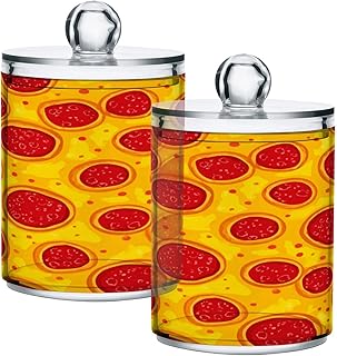 Pepperoni Pizza Pattern Qtip Holder Dispenser Qtip Apothecary Jar Plastic Bathroom Storage Canister 10 Oz for Cotton Ball Swab Round Pads Floss 2pcs